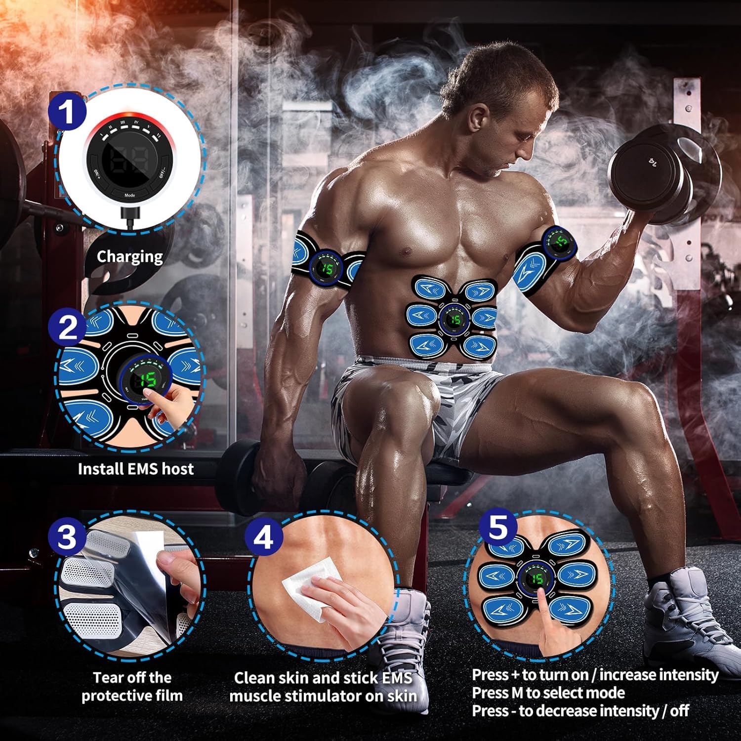 EMS Trainingsgerät, Bauchmuskeltrainer Elektrisch, Sicher Effektiv Schneller Bauchtrainer, Ganzkörper EMS Bauchmuskeltrainer, 10 Stück Ersatzpads,6 Modi & 15 Intensitäten