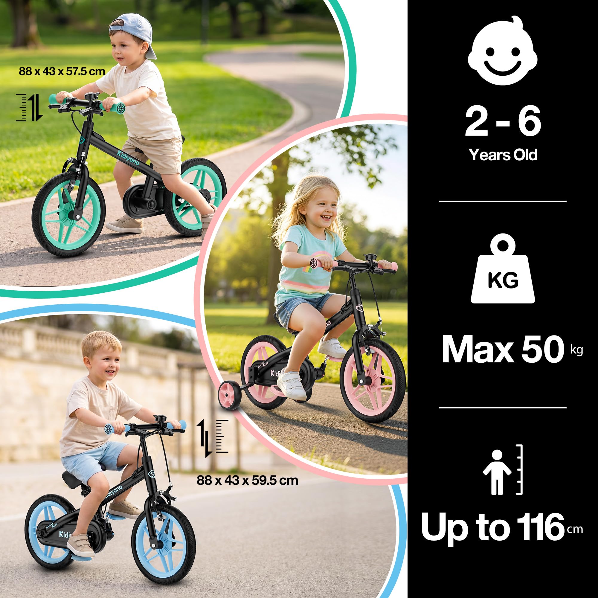 Bicicleta sin Pedales 3 en 1 Desde 2 Años con Pedales y Ruedas de Apoyo Desmontables, Bici Infantil de 12 Pulgadas con Freno de Mano, Timbre, Sillín Ajustable y Marco de Aluminio
