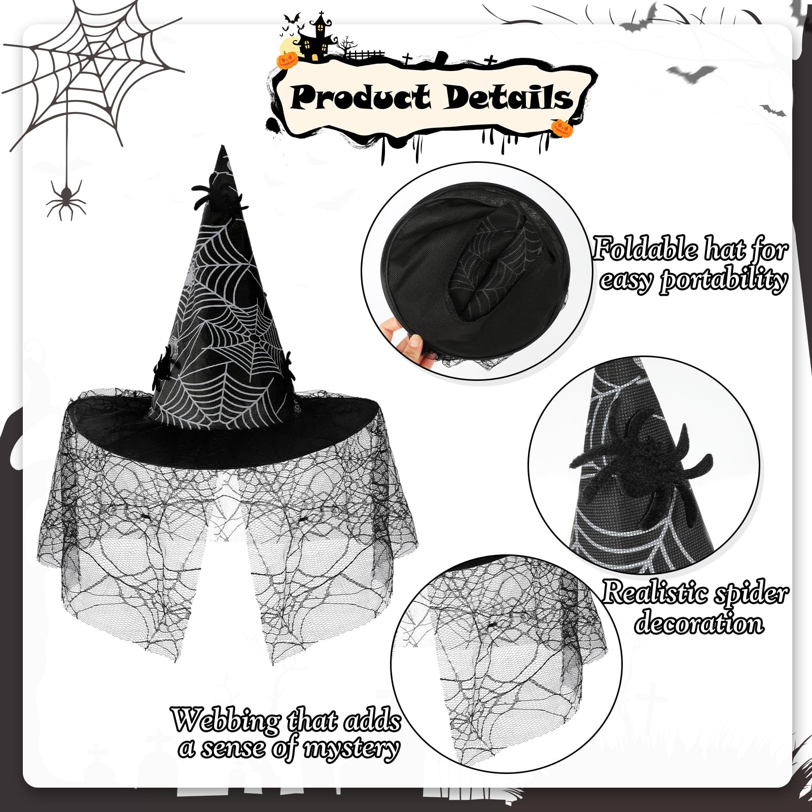 Beipegin 6 Pcs Spider Costume Adult Spider Web Poncho Tights Spider Necklace Chocker Earings Mask and Witch Hat Halloween Costumes for Women Black - Image 3