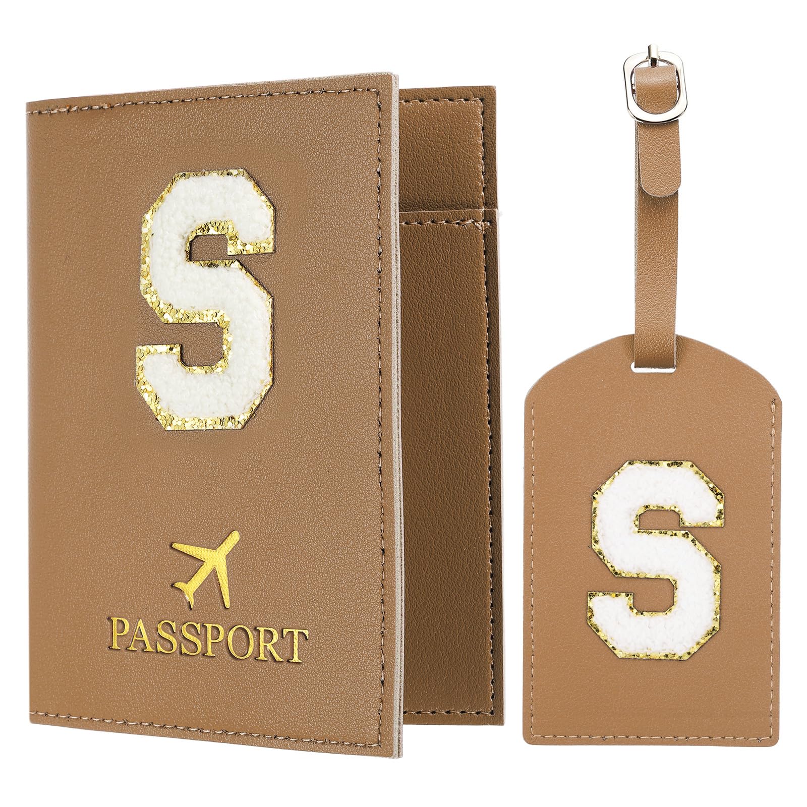Passport Holder for Travel, Initial Passport Cover and Luggage Tag Set with Alphabet Chenille Letter Patch Travel Wallet Bag Suitcase Identifier for Women Family Travel Brown S, Brown, Modern-image-40