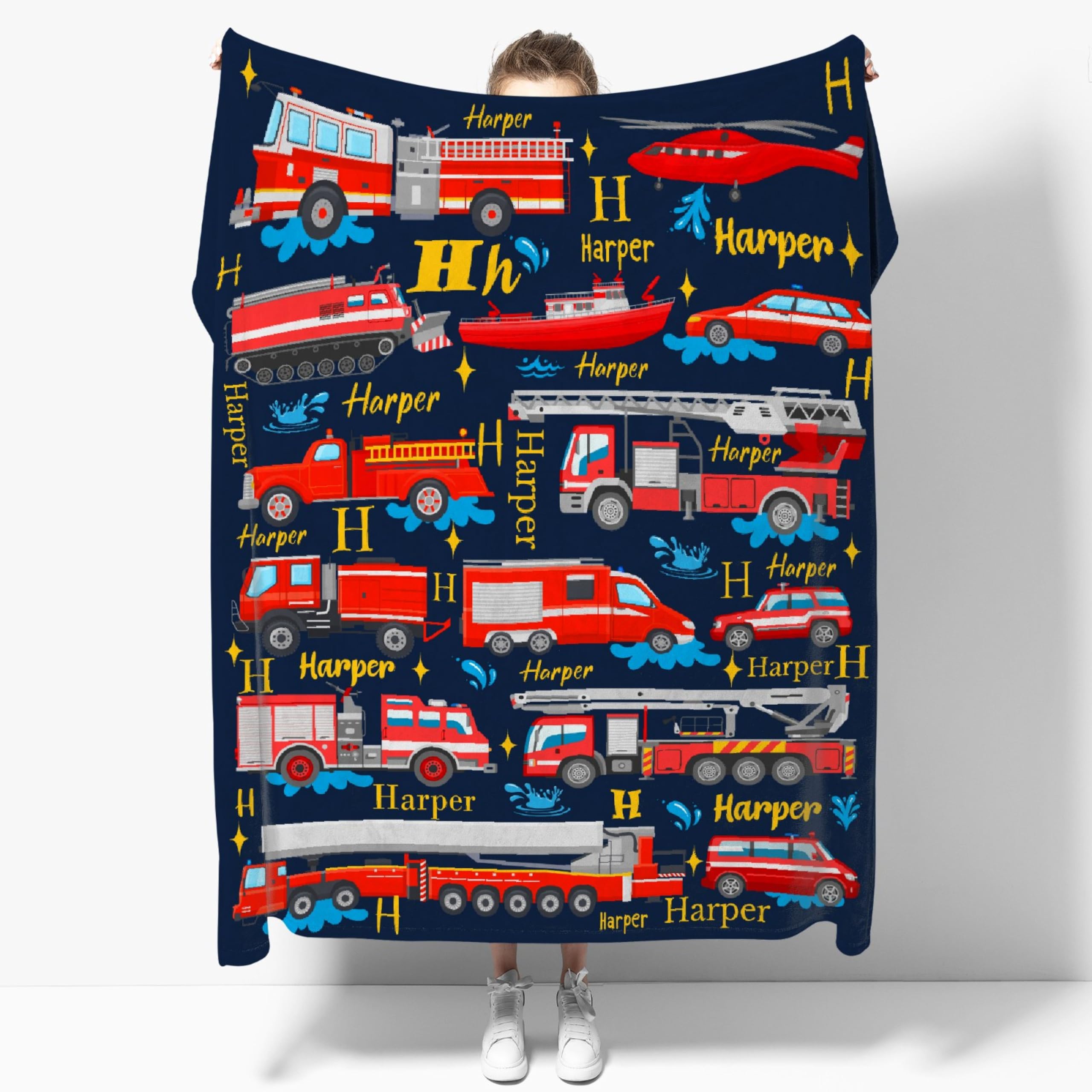 Rahula Personalized Baby Blankets, Custom Baby Blanket with Name for Girls, Best Gift for Baby, Newborn Firetrucks Fire Engines Trucks Custom Blankets - 60''x80'' for Adult