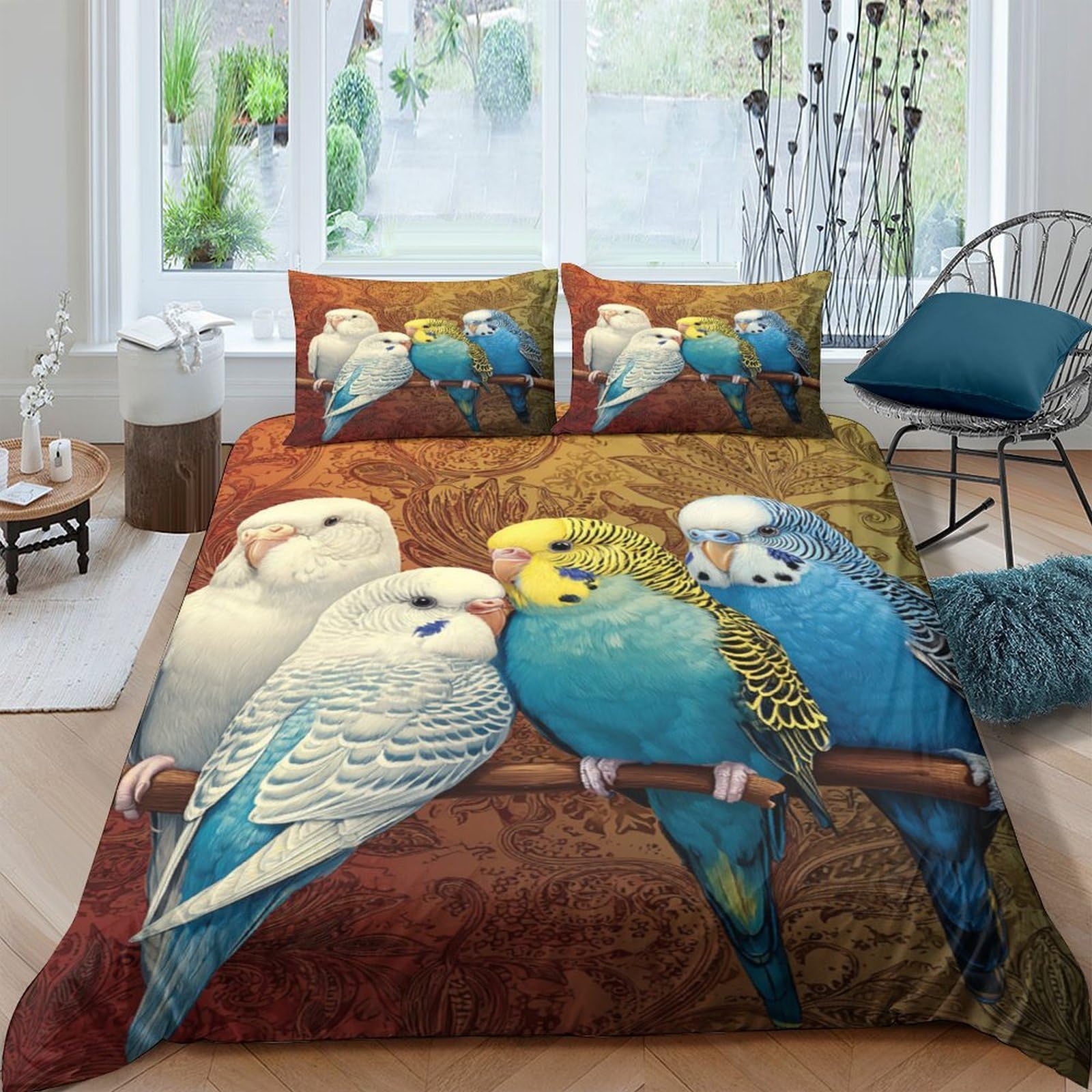 GPLZQXKJNH 3D Printed Parrot Birds Duvet Cover Microfiber Soft Breathable Budgie Bedding Set with 2 Pillowcases for Bedroom Decor, Single（135x200cm）