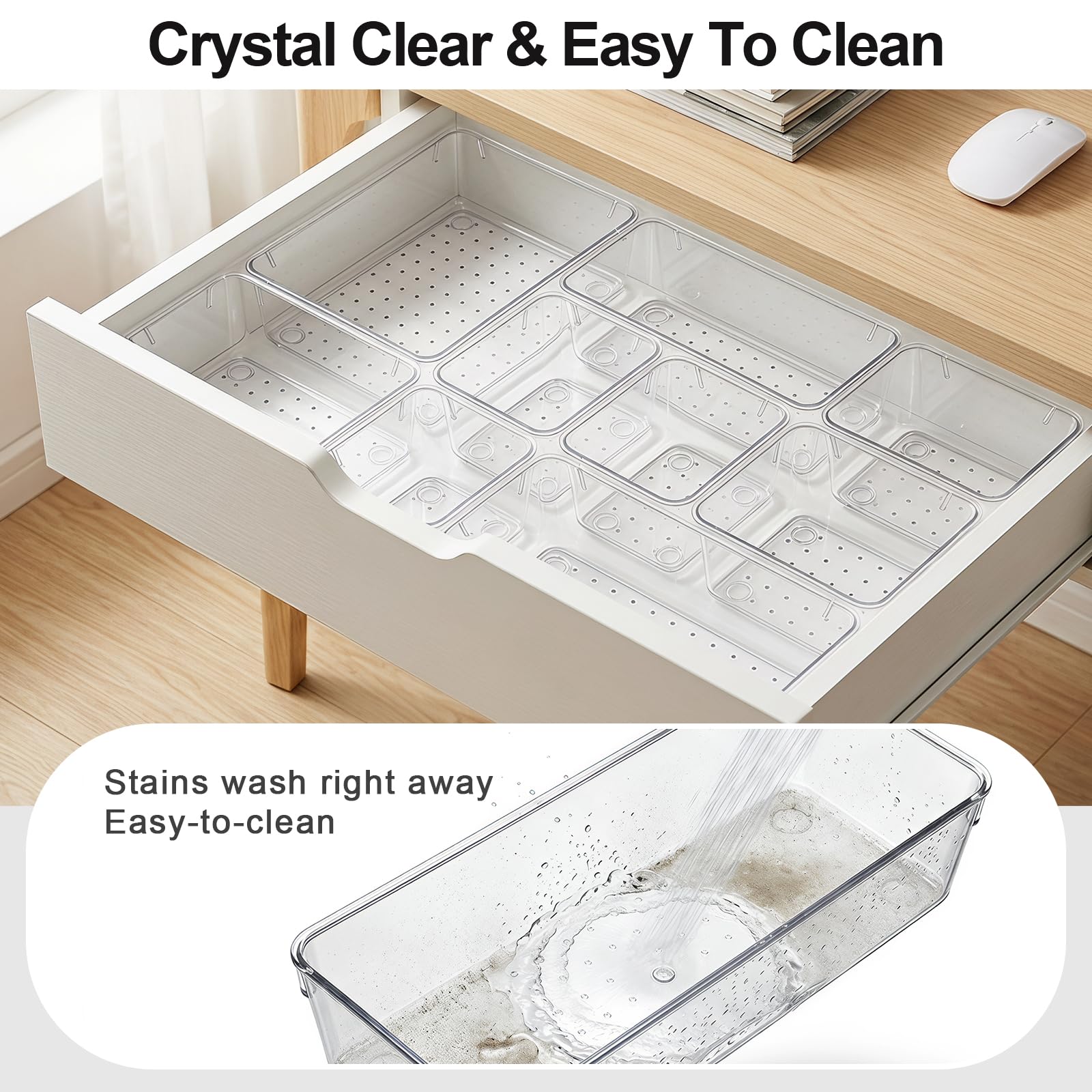 Set di 25 organizer trasparenti per cassetti, 4 dimensioni, impilabili, organizer per cassetti da bagno e scrivania, per trucchi, gioielli, utensili da cucina, forniture per ufficio e piccoli