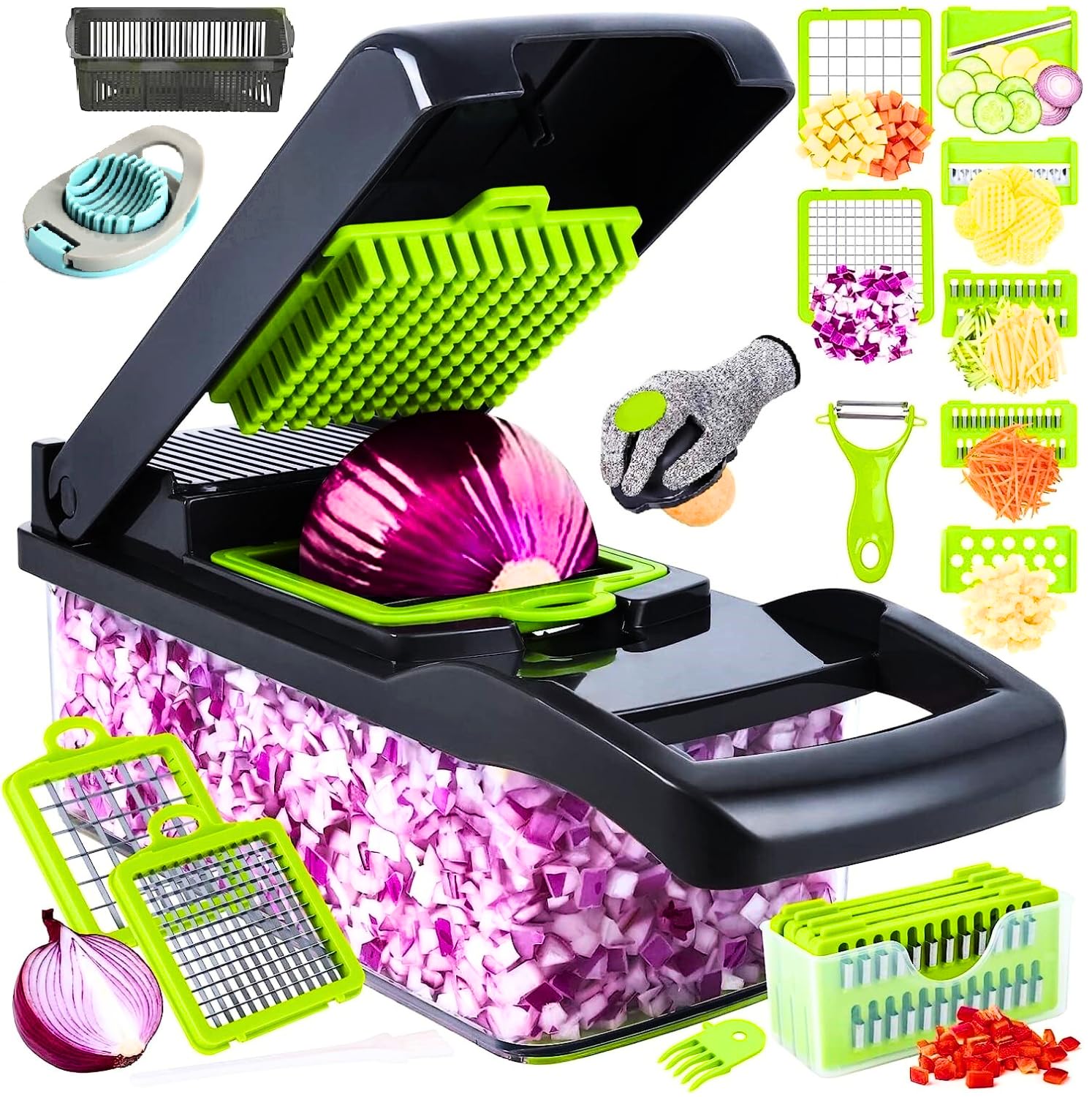 18 in 1 Vegetable Chopper Cutter with 7 Rust-Resistant Blades – Veggie Food Salad Chopper Manual, Onion Dicer, Cheese Grater, BPA-Free, Easy to Clean