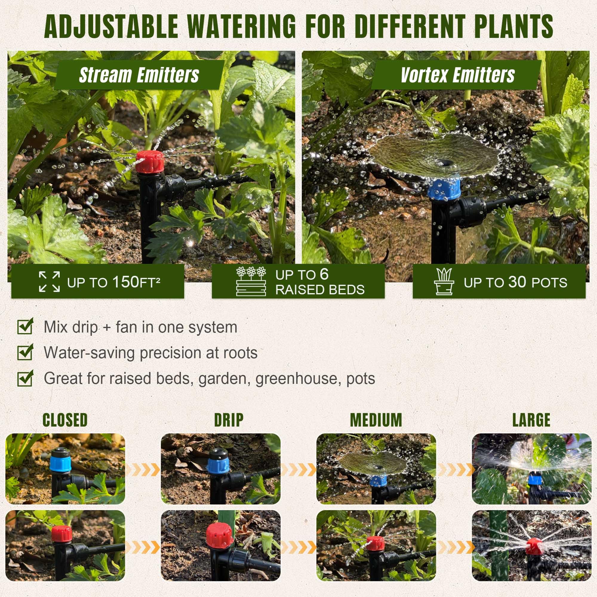 Sistema de riego por goteo de empuje para conectar, sistema de riego ajustable para cama elevada de jardín, sistema de riego automático de plantas, kit completo de riego por goteo con emisores de