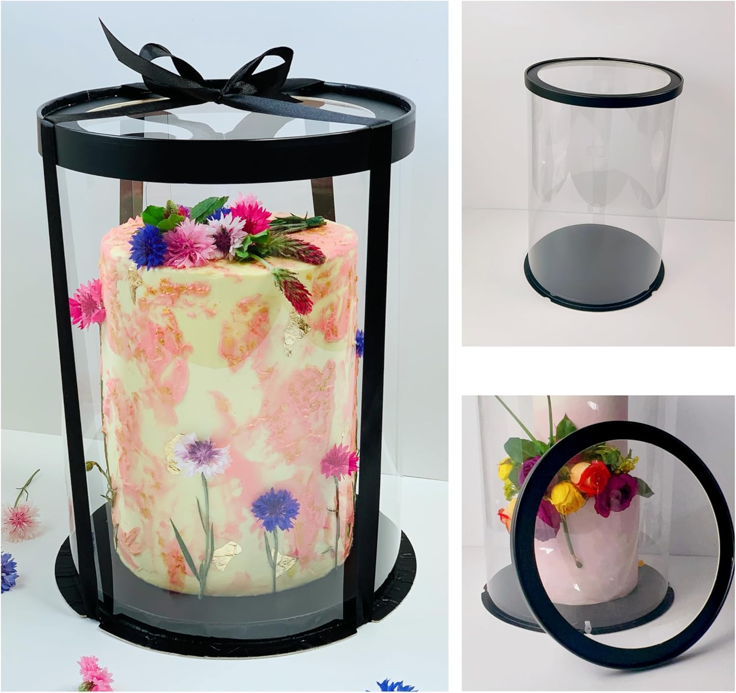 Black Tall 8 Inch Round Cake Boxes - 5 PCs with 15 Free Baking Recipes - Tall Clear Cake Carriers with Ribbon - Transparent Gift Boxes (Black 8.5" D x 11.75" H)