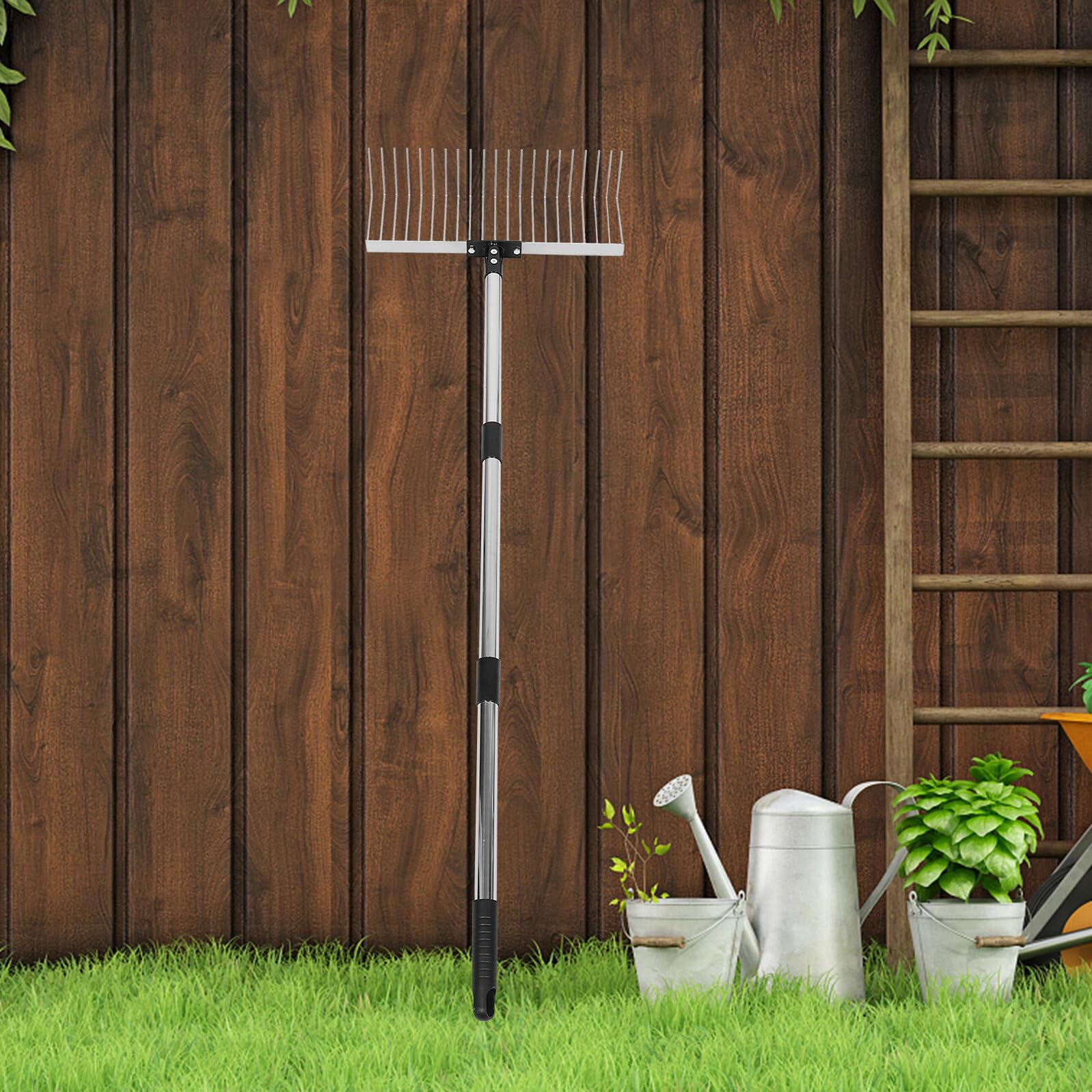 SOIMISS Robuster Gartenrechen Laubbesen Handrechen mit 21 Zinken Edelstahlgriff Metallkopf Teleskop Gartenlaubrechen für Boden Auflockern Einebnen Laub Sammeln Abnehmbar Kompakt