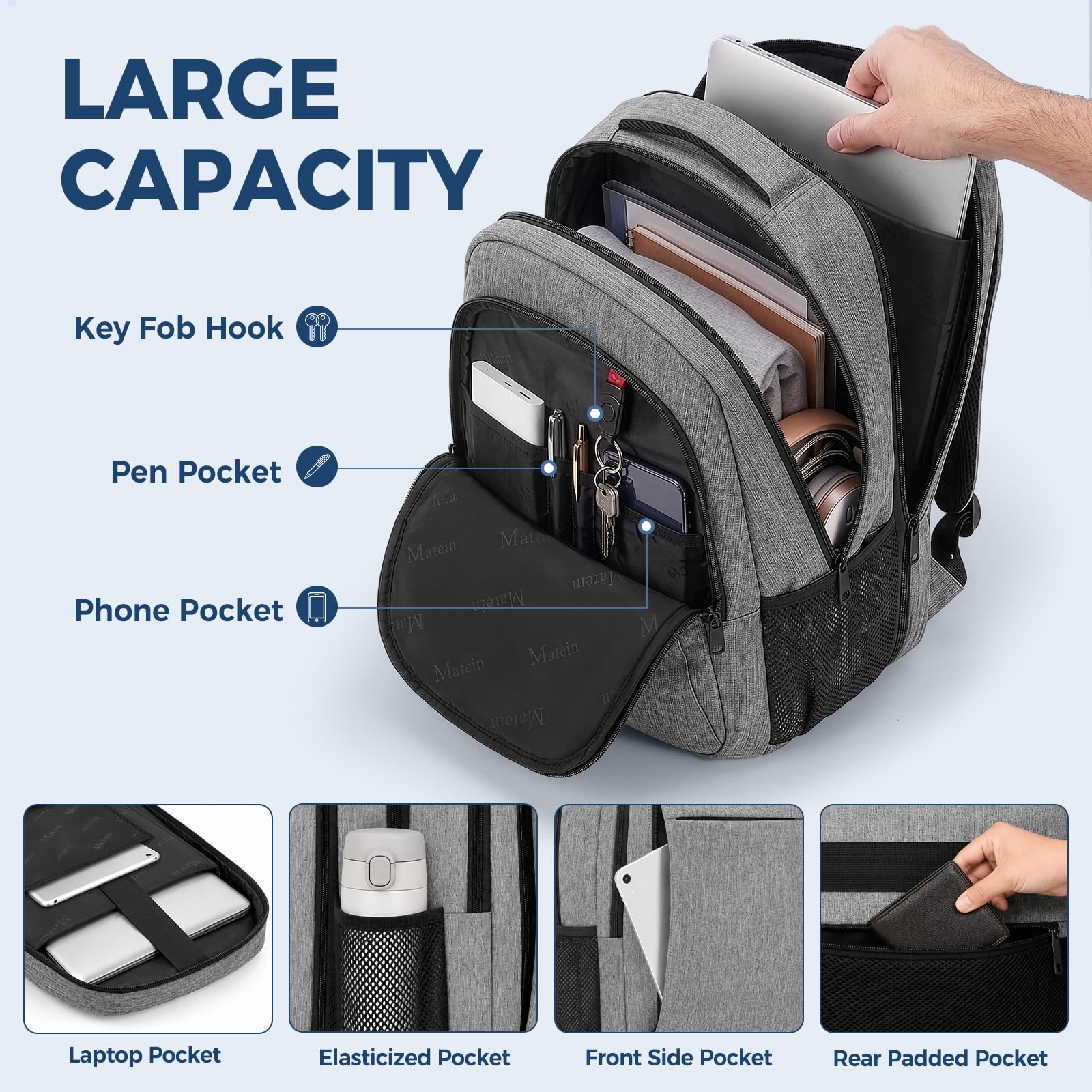 MATEIN Travel Laptop Backpack, 15.6 Inch College School Computer Bag, Grey
