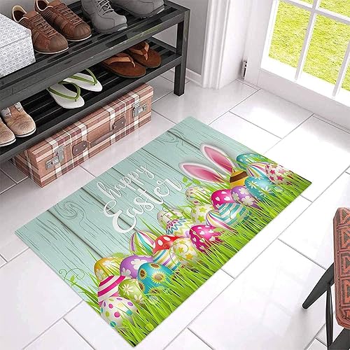 Miniatura 1 de Alfombra de Pascua con diseño de huevos y orejas de conejo, hierba y cita en grano de madera, antideslizante, alfombra de suelo, alfombra