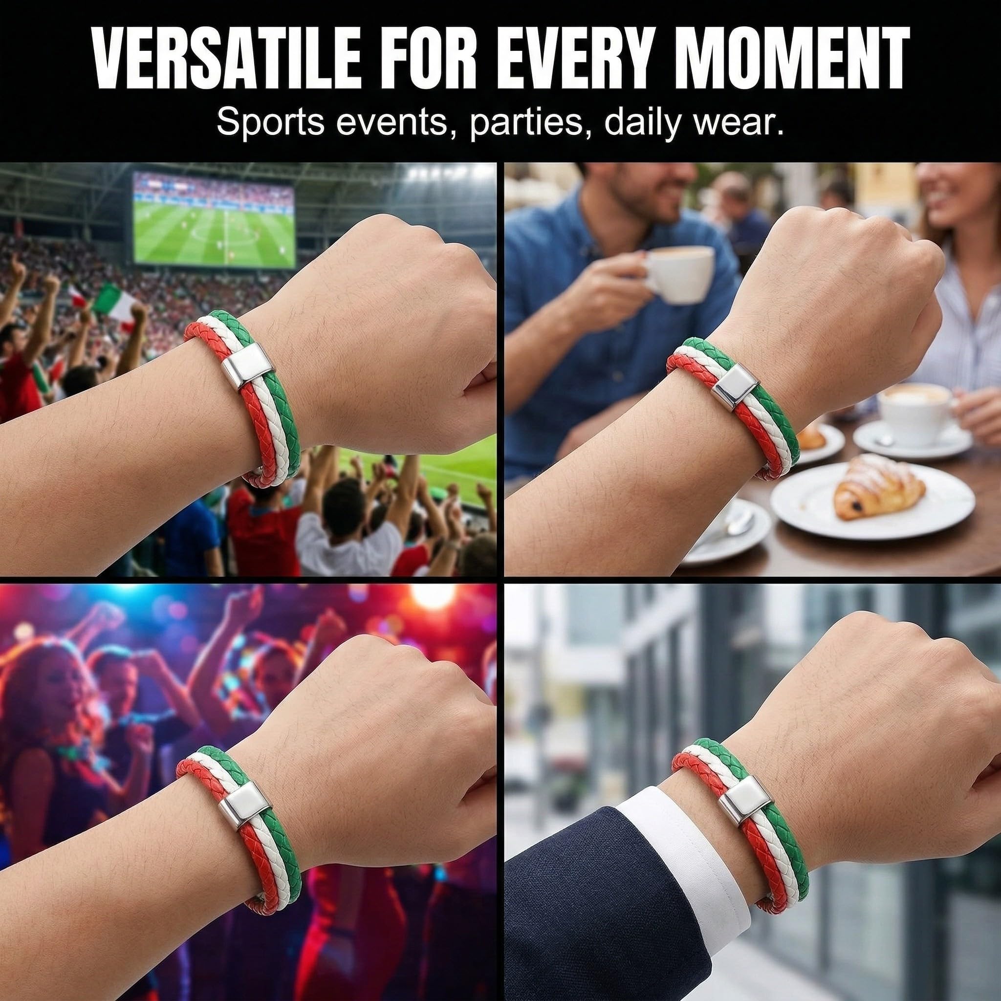 Bracelets Italie Supporter Simili-Cuir Tressé Drapeau Italien Tricolore 22cm