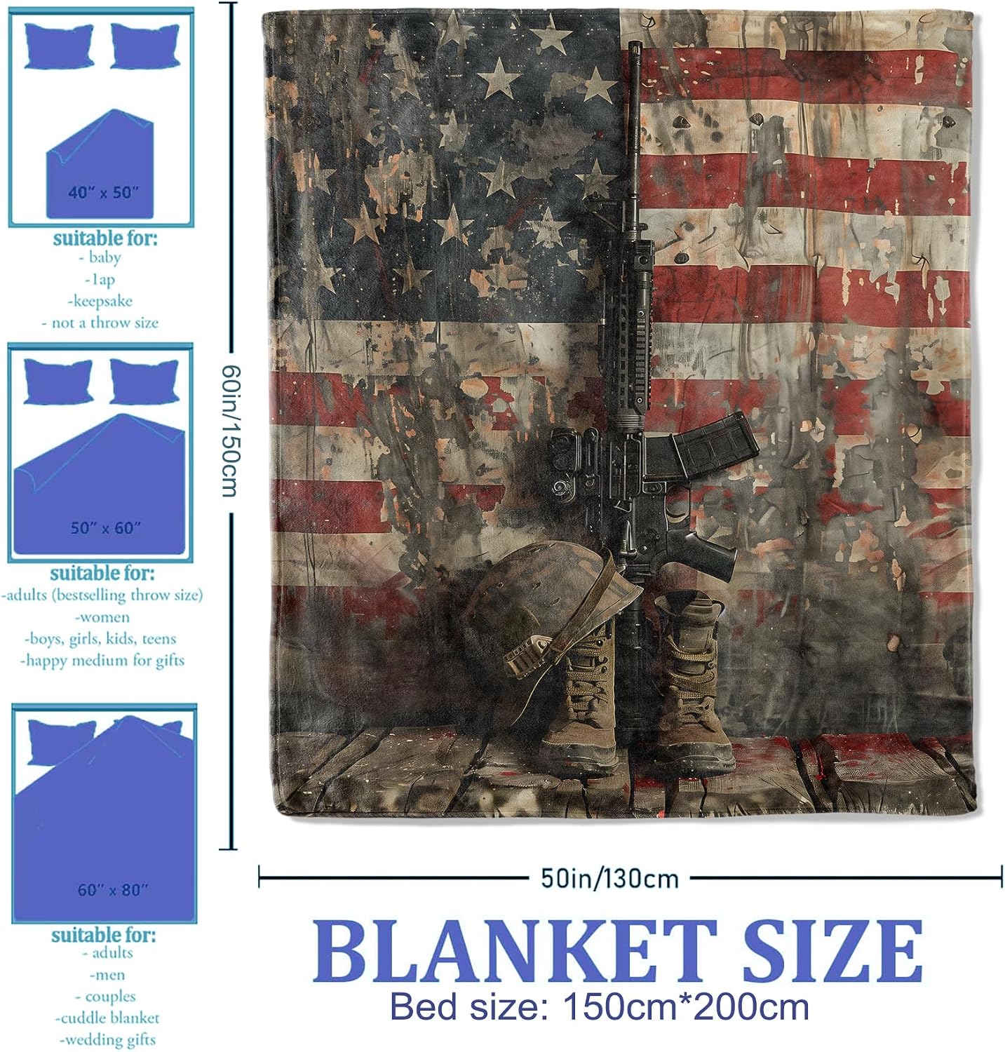 Veteran Throw Blanket 50"x60", War Memorial American Flag Patriotic Theme Blankets for Living Room Couch, Home Decor, Soft Flannel Veteran Gifts for Adults and Men