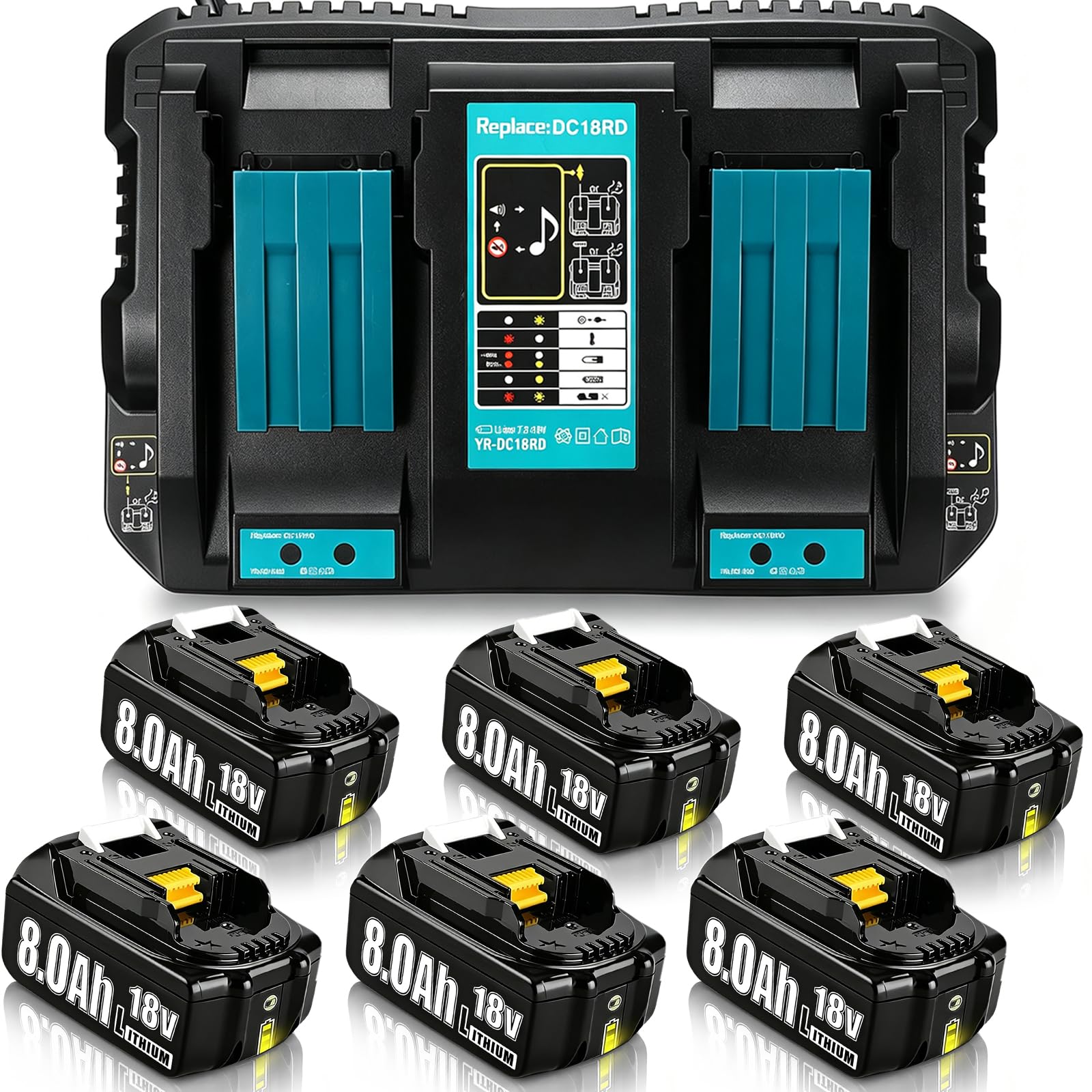 6PACK 18V 8.0Ah Lithium Replacement for Makita Battery with DC18RD Charger — image 1
