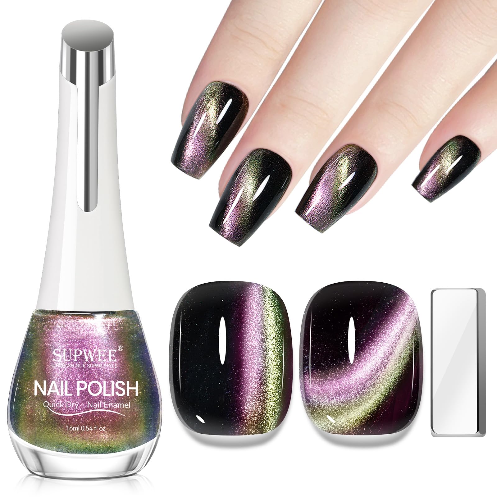 SUPWEE Cat Eye Nagellack Ohne UV, Quick-Drying Magnetischer Nagellack High Gloss Katzenauge Effekt Oil Based Cat Eye Nail Polish für DIY & Heimgebrauch 16ML