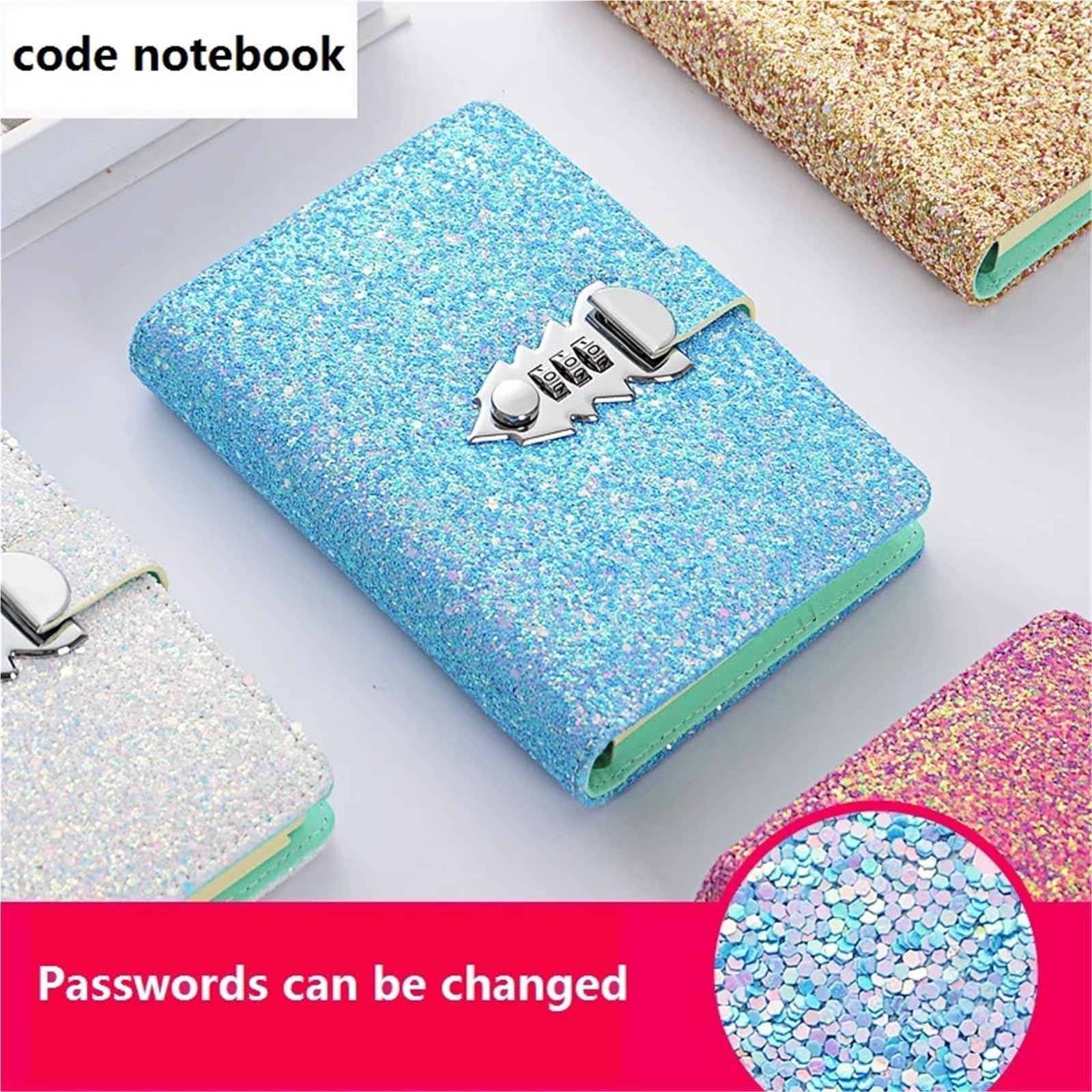 Tagebuch Mit Schloss 185 * 135mm 260 Seiten Pailletten Code Notebook Tagebuch Schloss Dicke Handbuch Büro Schule Schreibwaren Passwort notizblock(Golden)