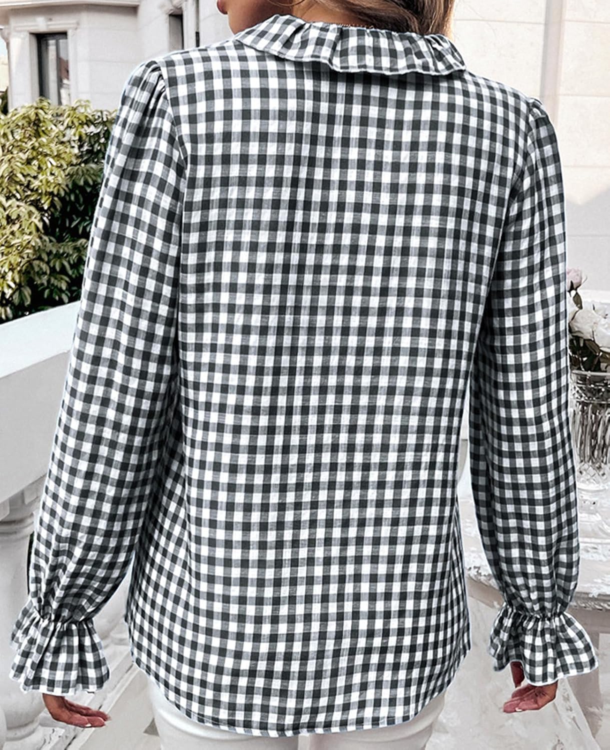 MINTLIMIT Womens Plaid Blouse Peasant Button Down Ruffle Neck Plaid Puff Long Sleeve Gingham Blouse Shirts - Image 3