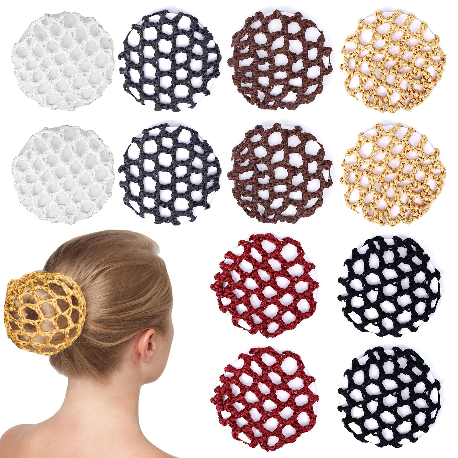 12Pcs Ballet Dance Bun Covers Stretchy Elastic Women Hair Nets Handmade Crochet Scrunchies Maker Holders Mesh Styling Accessories for Women Skating