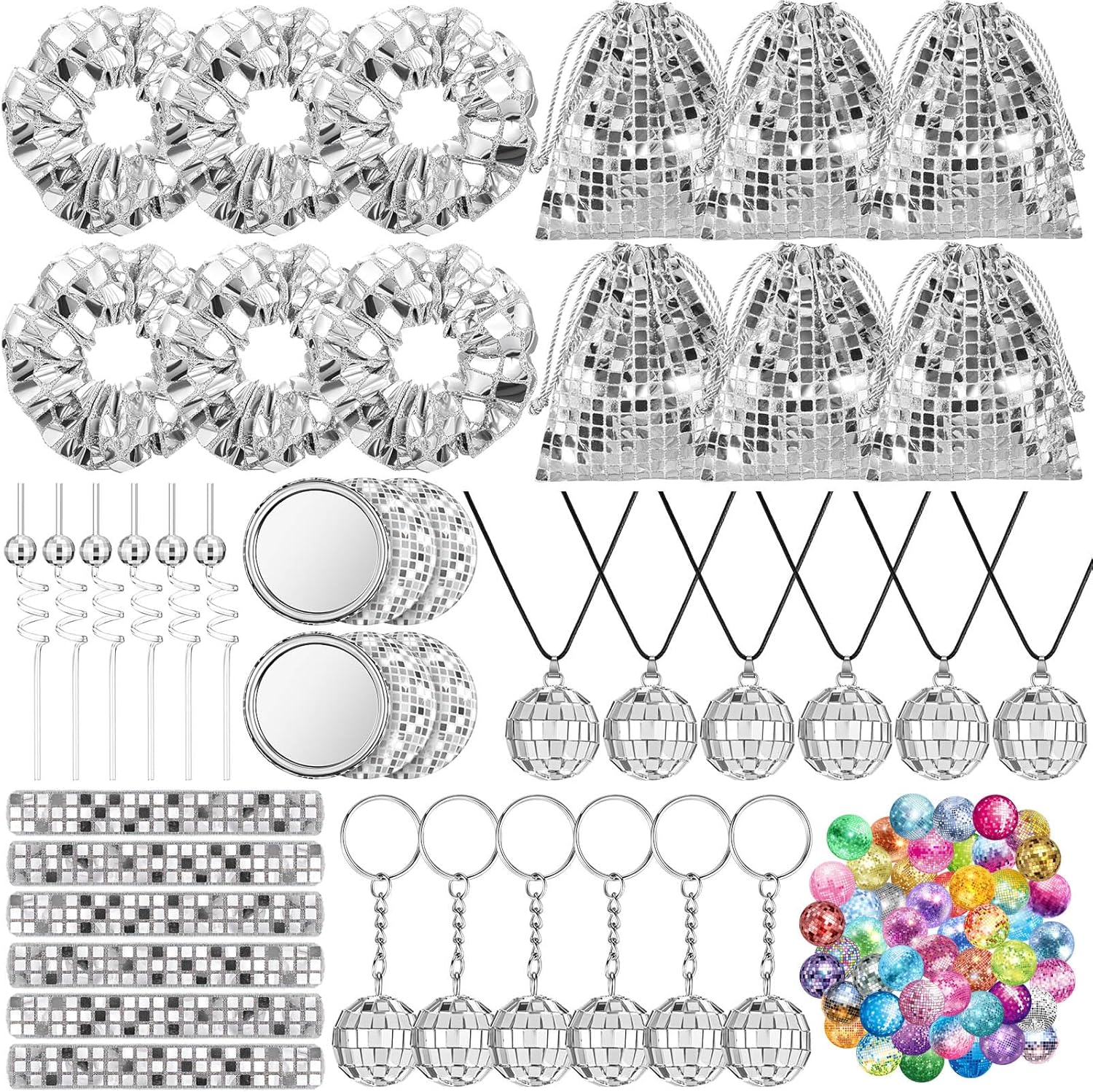 92 Pcs Disco Party Decorations - Disco Ball Straws Drawstring Bags Hair Scrunchies Keychains Compact Mirror Necklace Slap Bracelets Stickers for 70s 80s Bachelorette Party Favors