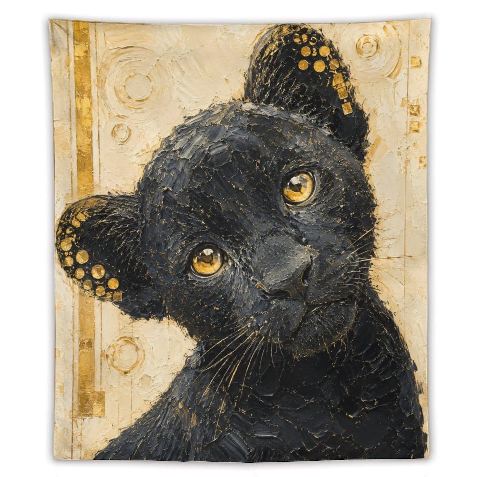 W7C8U2X3 Black Cat Portrait Wall Tapestry, Realistic Illustration, Backdrop