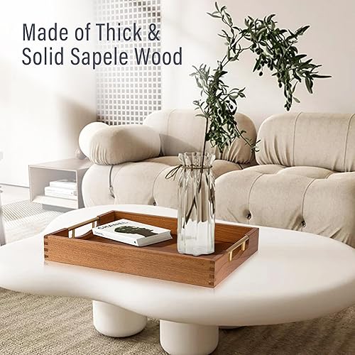 Miniatura 6 de LotFancy Bandeja de madera para servir con asas de metal, 17 x 13 pulgadas, bandeja otomana grande, bandeja decorativa de madera para sala de estar,