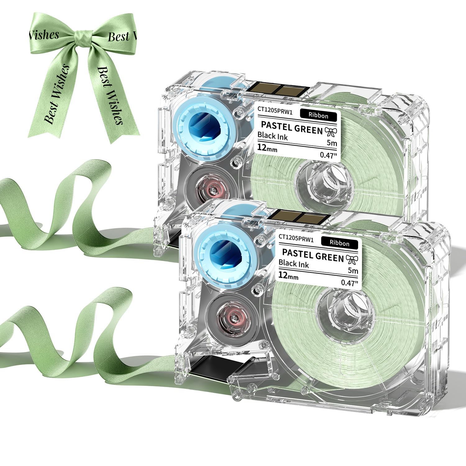 Phomemo A30 P15 Exclusive Light Green Satin Ribbon Labels (Black Font) Ideal for Gift Wrapping, Wedding Bouquets, DIY Crafts, and Valentine's Day Decorations Width: 12mm × 5m 2 Rolls per Pack
