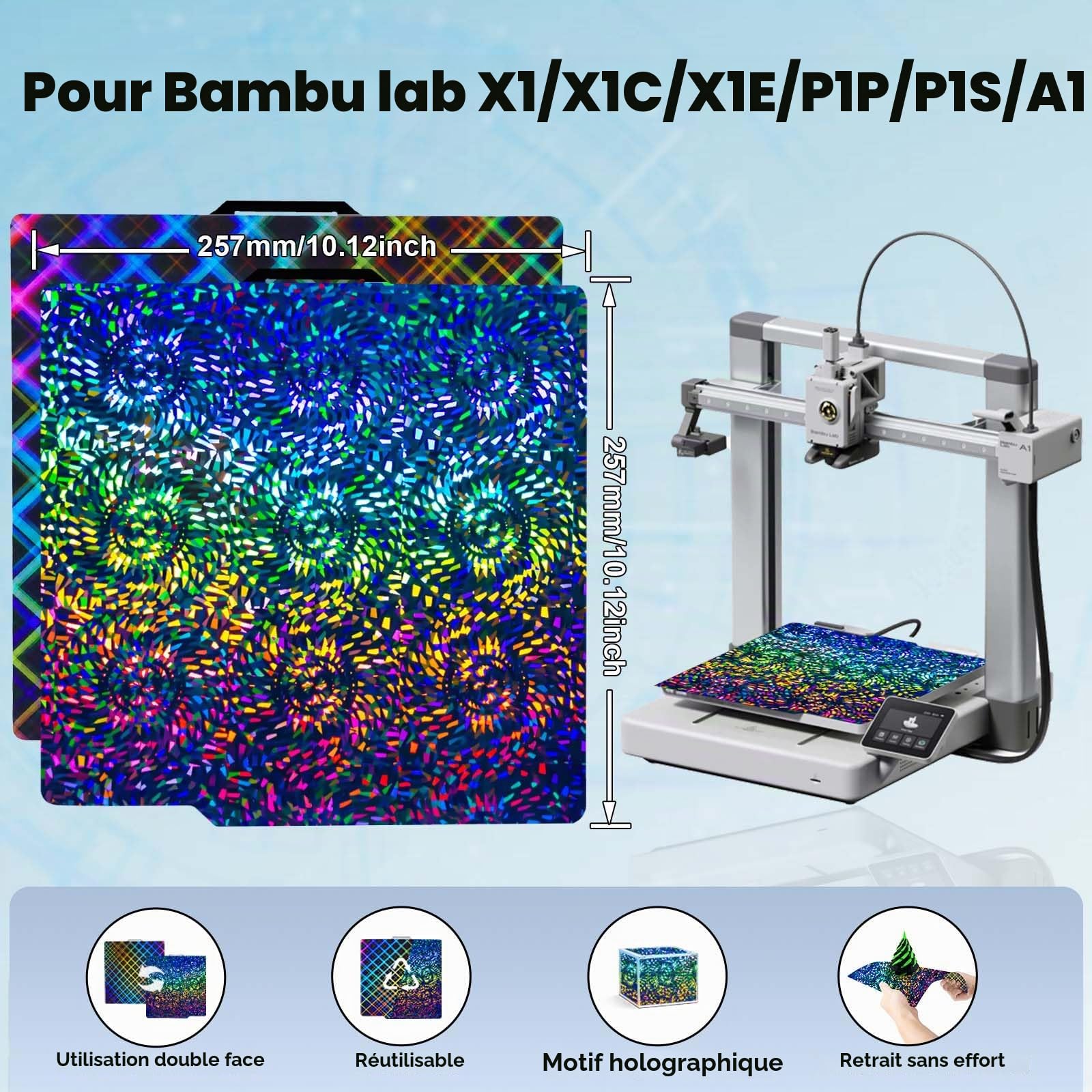 IdeaFormer PEW PES Plaque de pression pour Bambulab X1, X1C, X1E, P1P, P1S, A1, Smooth Rainbow Gear+Plaid PEW PES Plaque de construction en acier à ressort pour Bambu Lab 257x257mm