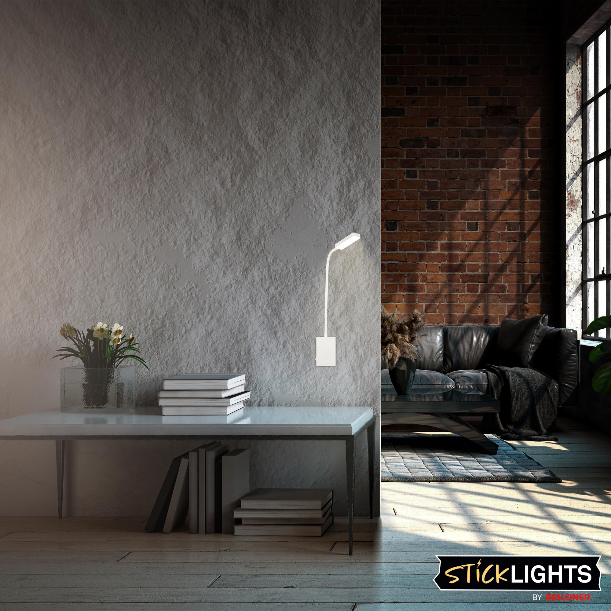 BRILONER - LED Leselampe ohne Stromanschluss und ohne Bohren mit Akku, Touch, dimmbar, warmweißes Licht, Wandleuchte, Wandlampe zum Kleben, Bettlampe, Leselicht, Nachttischlampe, 6x3x50 cm, Weiß