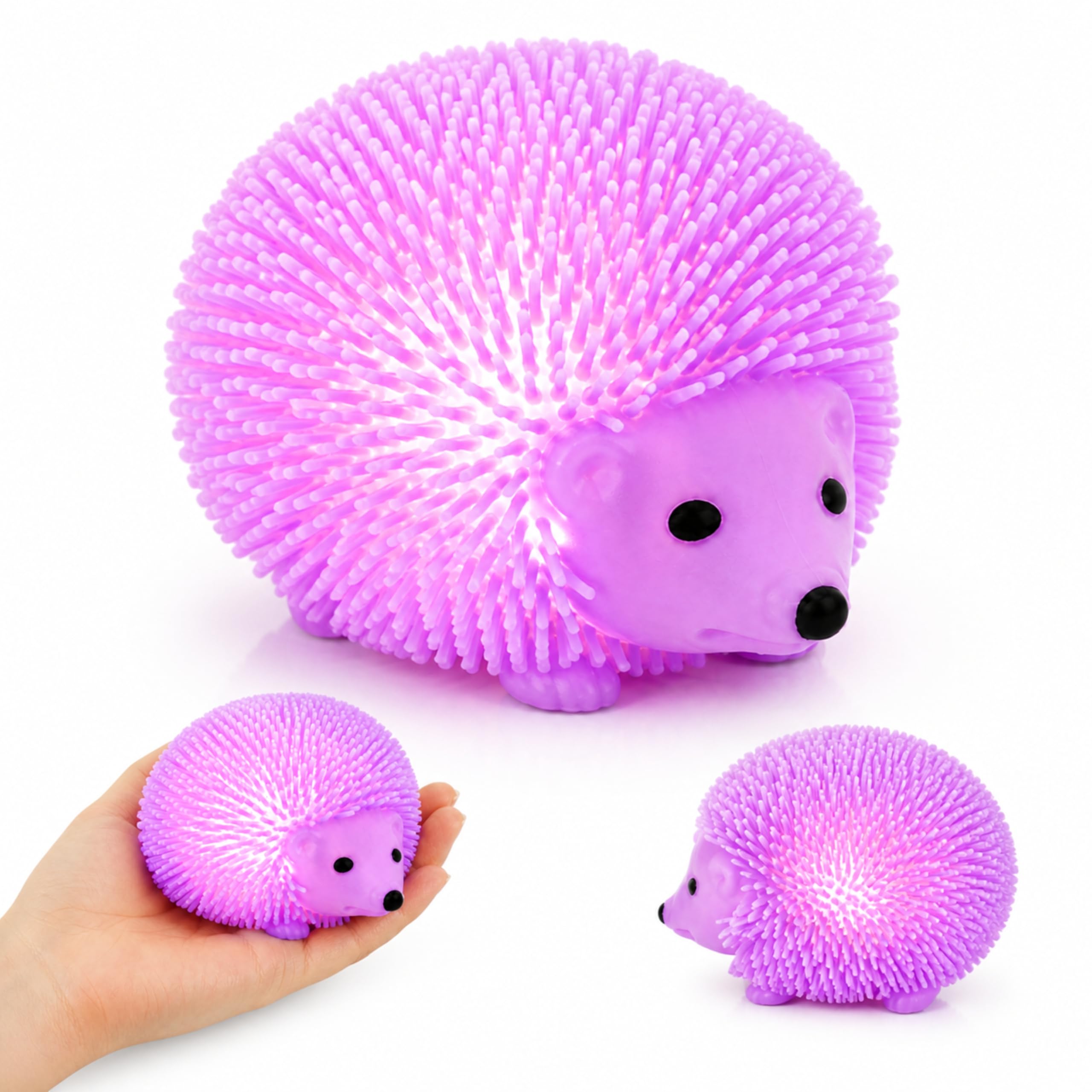 Light Up Purple Hedgehog Fidget Ball, 8cm Soft Spikey Stress Ball for Kids, Stretchy Sensory Puffer Toy, Jiggly Squeeze Ball, Party Bag Filler & Birthday Favour