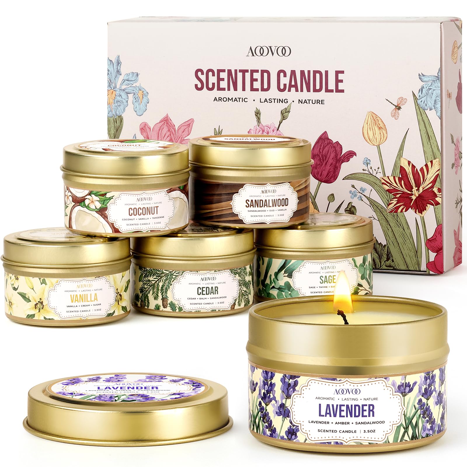 AOOVOOSoy Candles Set - 6 PC Scented Candle Set, Aromatherapy Candles, Candles for Women, Vanillla, Coconut, Cedar, Sage, Lavender