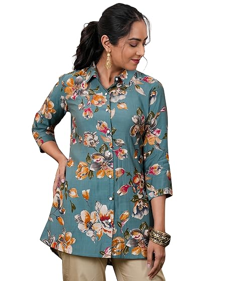 Blue Printed A-Line Silk Blend Kurtis