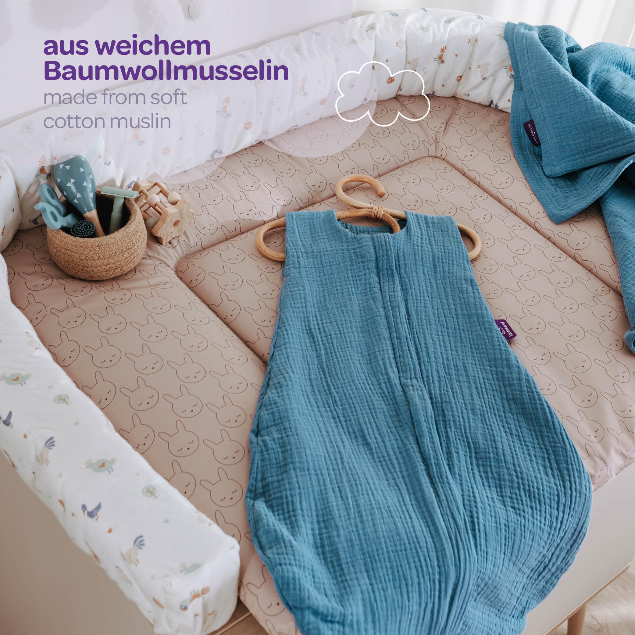 TRÄUMELAND – Baby Sommerschlafsack in pflaume 0.5 TOG, leichter atmungsaktiver Schlafsack aus Musselin für warme Sommernächte, Öko-Tex 100 zertifiziert, schadstofffrei & hautfreundlich