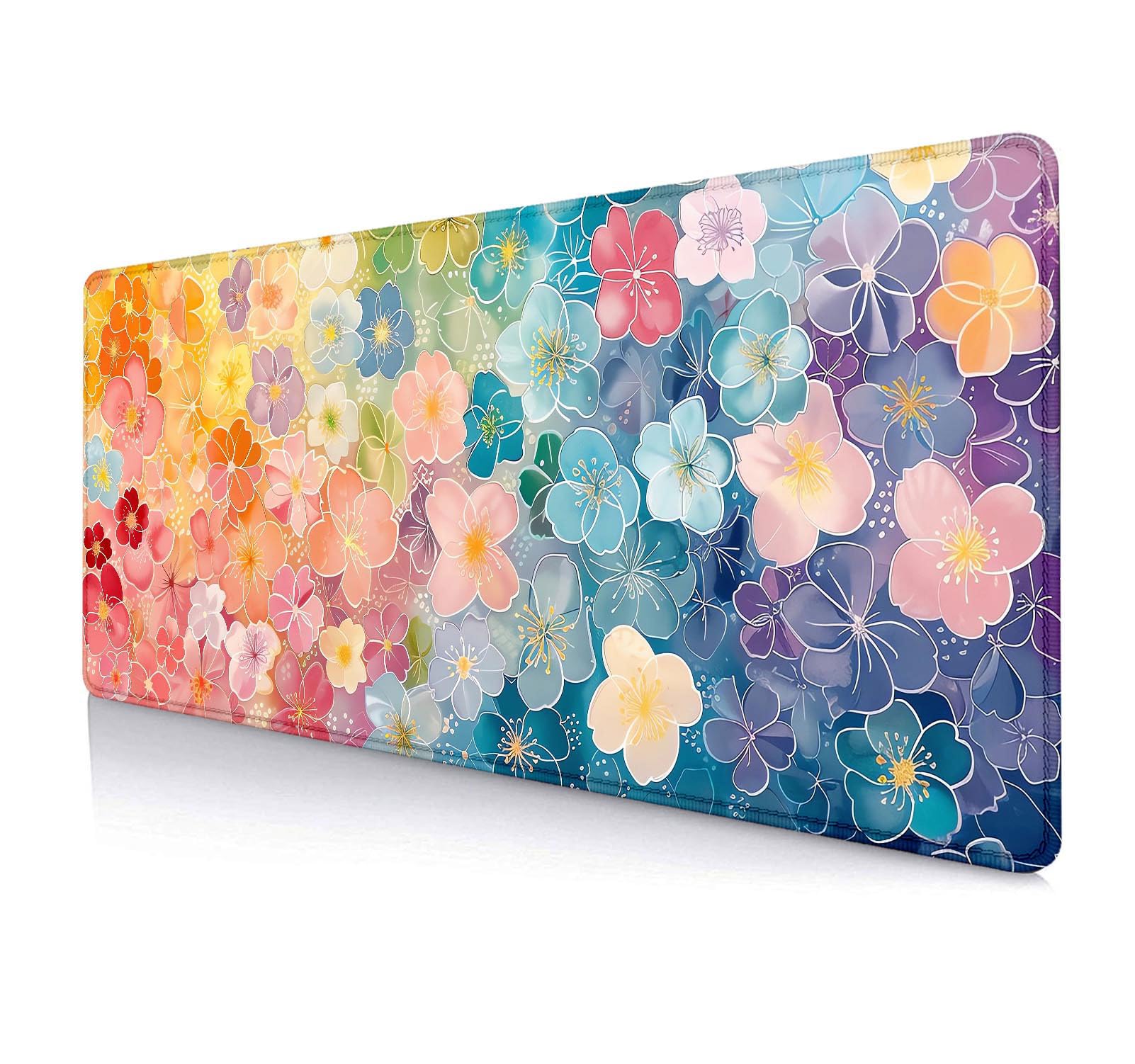 HUOCAIREN Colorful Flowers Large Mouse Pad Mat, Pink Blue Yellow and Green Pattern Desk Mat, Watercolor Beautiful Floral Computer Desk Pads for Office
