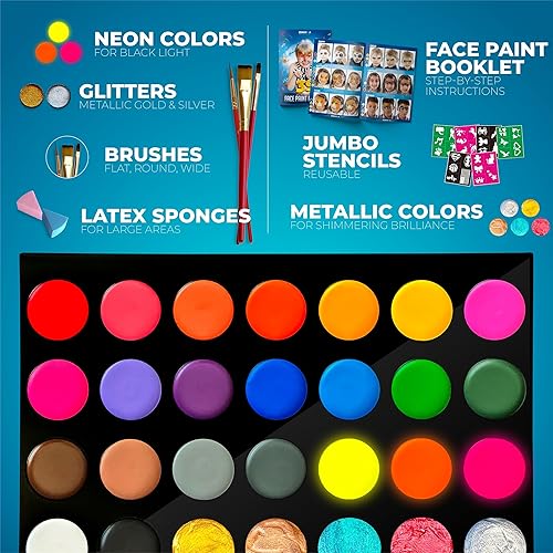 Miniatura 2 de Kit de pintura facial para niños  60 plantillas, 15 grandes pinturas a base de agua, 2 brillos, kit de maquillaje de Halloween, paleta de pintura