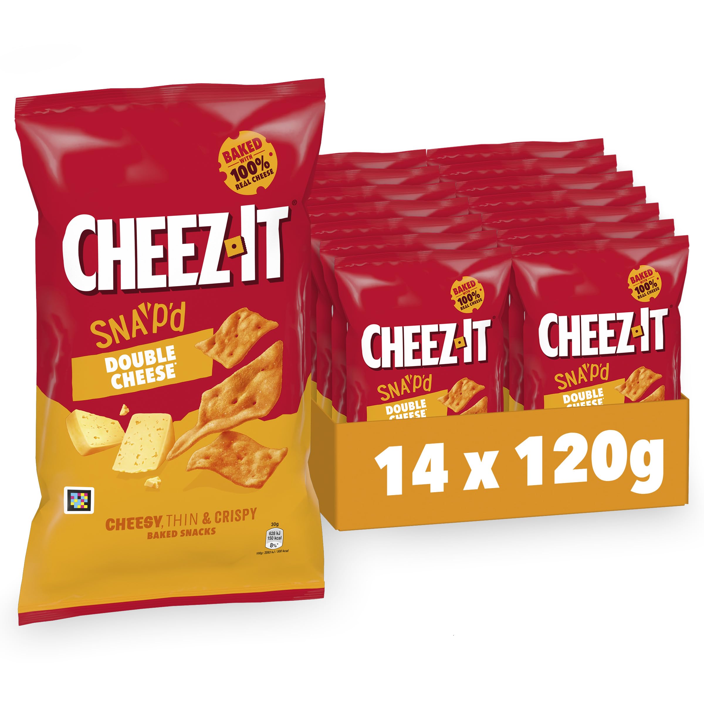 Cheez-It Snap'd Double Cheese Chips (14 x 120 g), Käse Chips mit dünner, knuspriger Textur, gebackener Snack mit 100% echtem Käse, ohne künstliche Farb- oder Aromastoffe