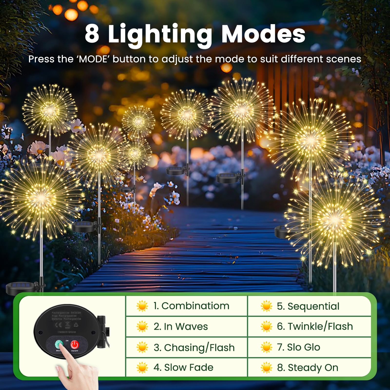 Lot de 4 Lampes Solaires d'extérieur pour Jardin, Feux d'artifice solaires en forme de pissenlit, 120 LED, 8 Modes, éclairage étoilé, Lampe de Jardin étanche pour Pelouse, allée, Cour, Blanc Chaud