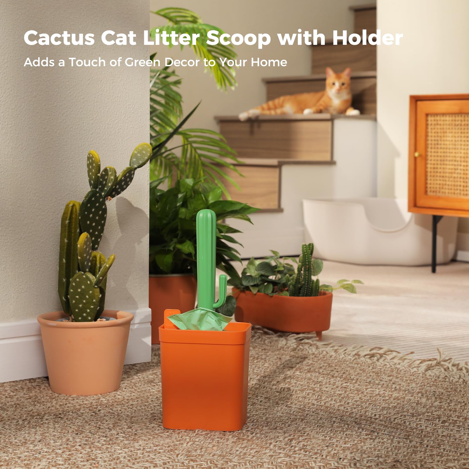 MUTTROS Cactus Cat Litter Scooper with Holder - 2 Replaceable Wheat Straw Plastic Shovels & ABS Handle and Box - Cat Litter Scoop with Bag & Trash Bag Storage - Premium Kitty Litter Scoop Green