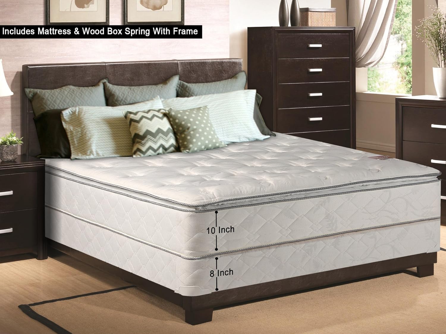 10-Inch Pillowtop Innerspring Mattress and 8" Wood Box Spring/Foundation Set, with Frame, Queen Size : Home & Kitchen