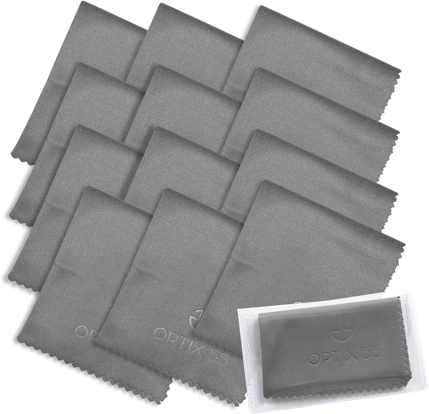 Microfiber Cleaning Cloths (6"x7") 12 Pack in Individual Vinyl Pouch | Glasses Cleaning Cloth for Eyeglasses, Phone, Screens, Electronics, Camera Lens Cleaner (12 Pack - Grey)