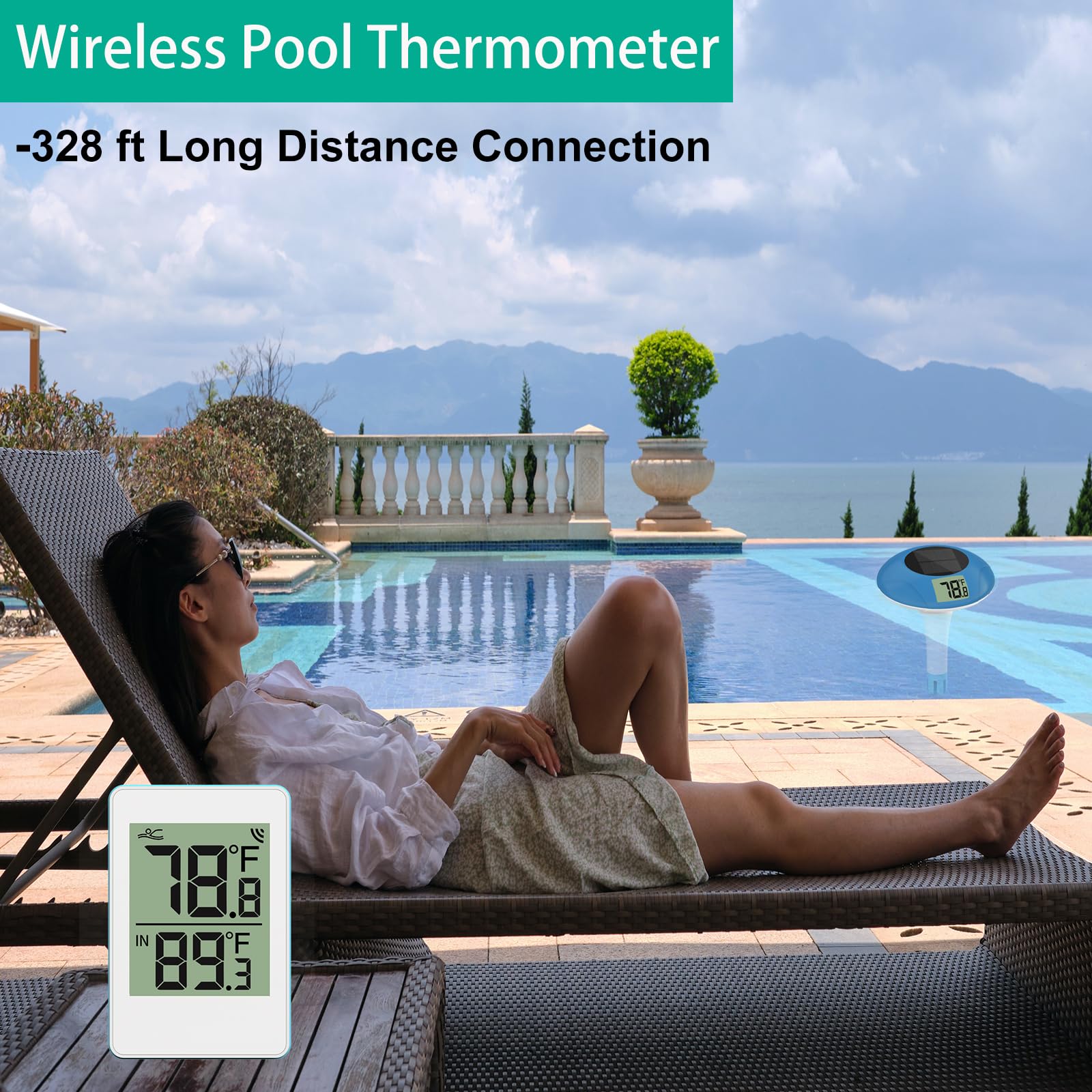 Termómetro inalámbrico para piscina, termómetro flotante digital, fácil de leer, IPX8, impermeable, medidor de temperatura solar para piscina, acuario, estanque, conexión de 328 pies de largo
