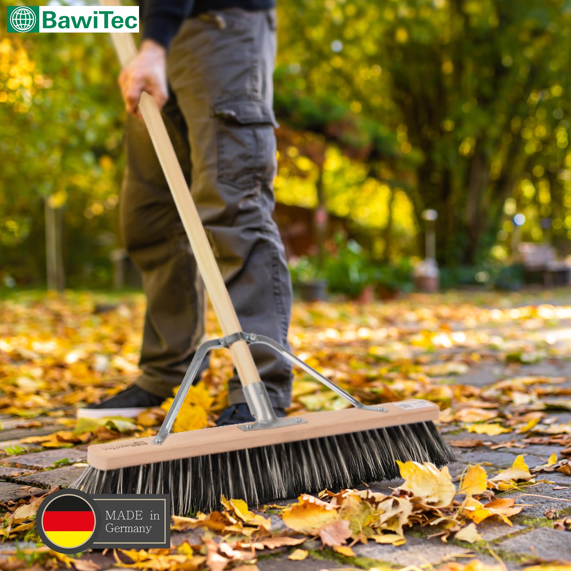 OssiBlitz Besen Straßenbesen 100cm mit Stiel 160cm Stabi Harte Borsten | Spezieller Stielstabilisator/Zusatzhalterung, Besenstiel Ø28mm, Für groben und feinen Schmutz