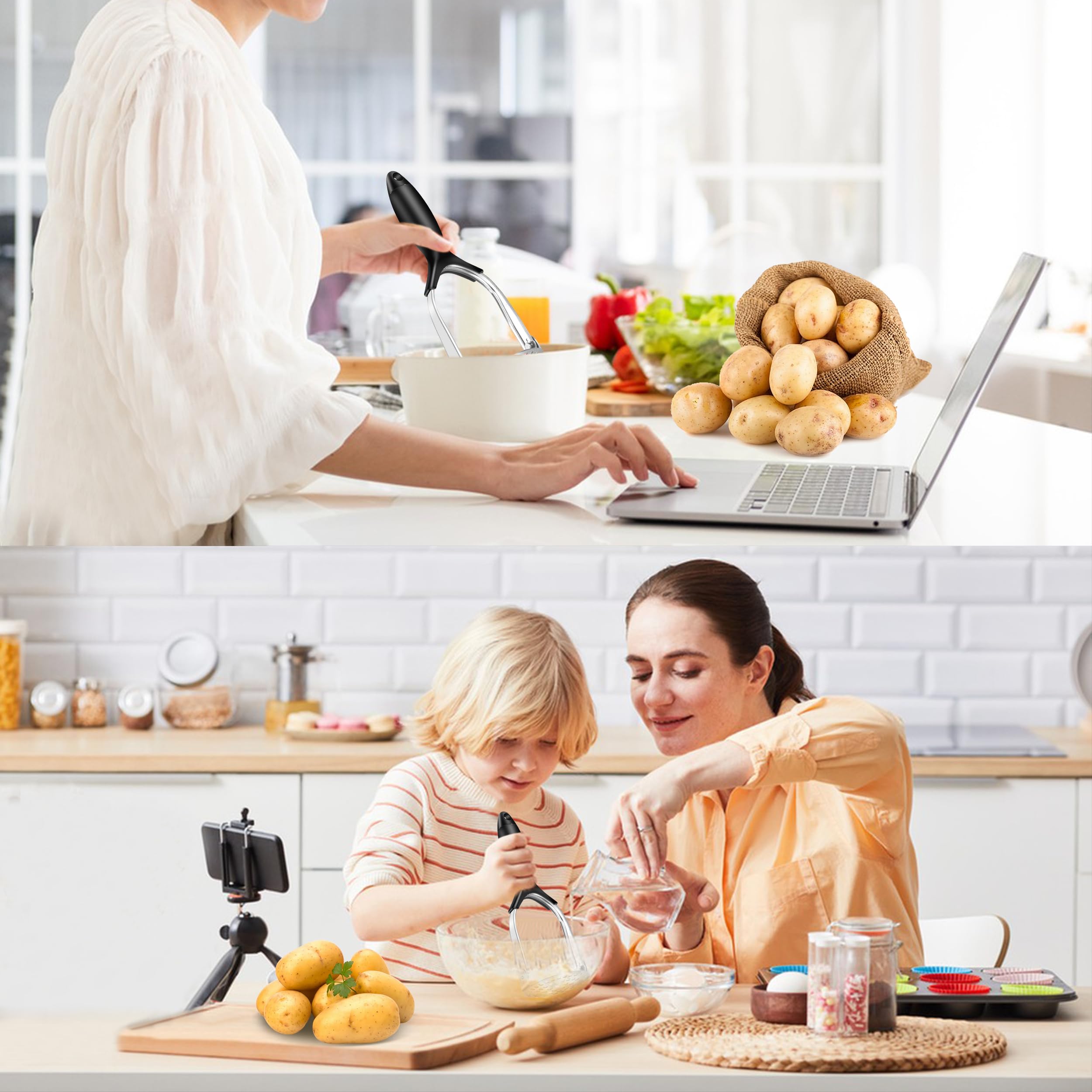 PUWUWYE Machacador de Patatas de Acero Inoxidable, Prensa Patatas con Mango Antideslizante,Máquina Trituradora de Patatas Manual,Pasapurés Triturador de Patatas para Hacer Puré de Verduras, Frutas