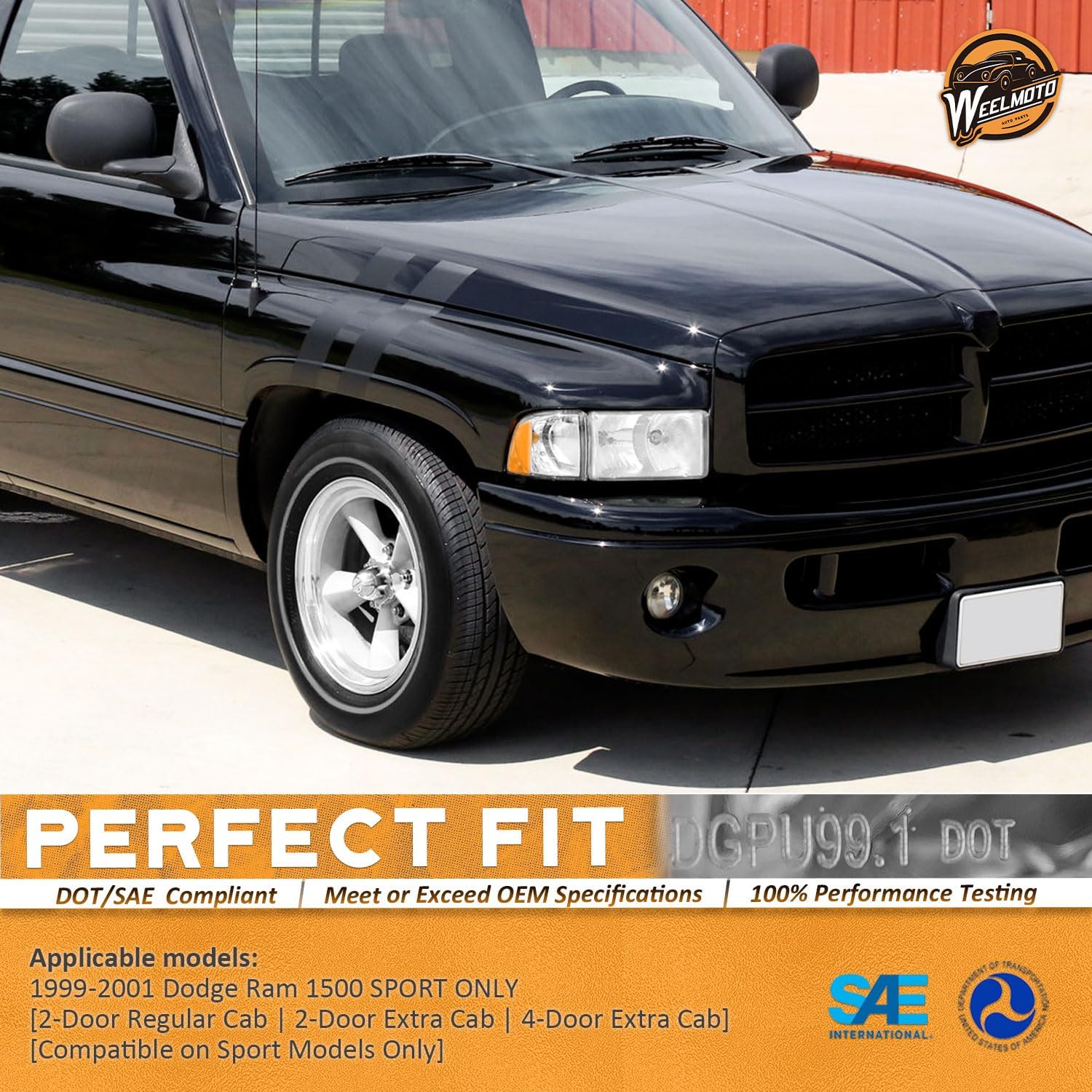 WEELMOTO Headlights Assembly for 1999-2002 Dodge Ram 1500 Pickup Sport, for 99-02 Ram 1500, Headlights + Corner Lamp Parking Light Turn Signal Marker Light For 99 00 01 02