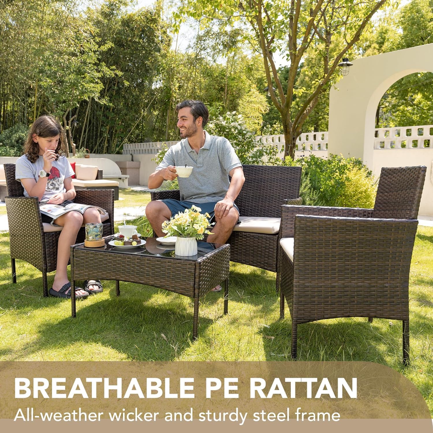 Conjunto Jardin Exterior Muebles Terraza Exterio de Ratán Marrón 4 Piezas Set,2 Sillones,1 Sofá de Doble Asiento y 1 Mesa para 4 Personas para Patio Terraza Exterior