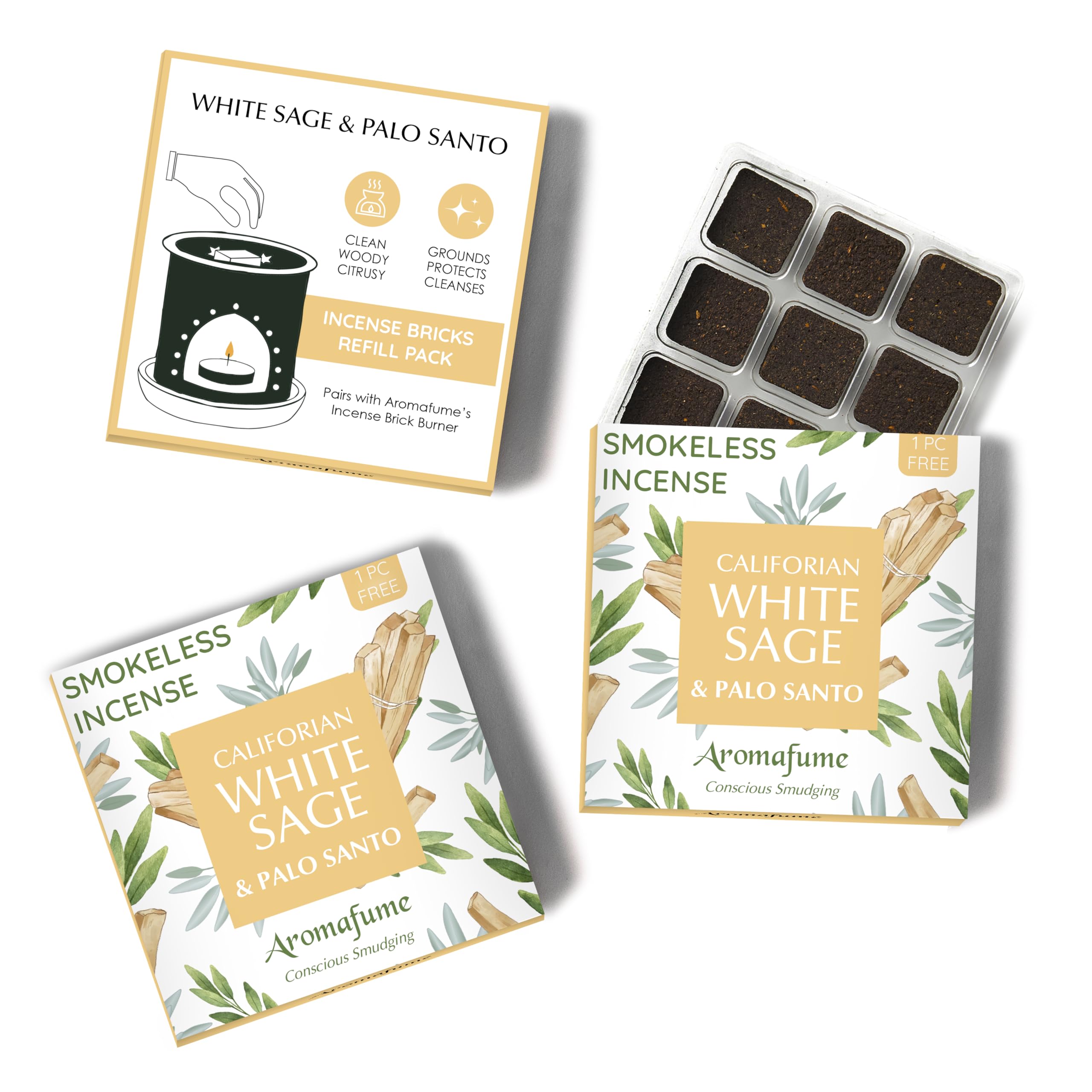 Aromafume Palo Santo White Sage And Incense Bricks By | 3X9 Bricks | Sage Incense For Cleansing Negative Energy & Protection | Sage For Smokeless Smudging & Spiritual Cleansing | Refill Pack