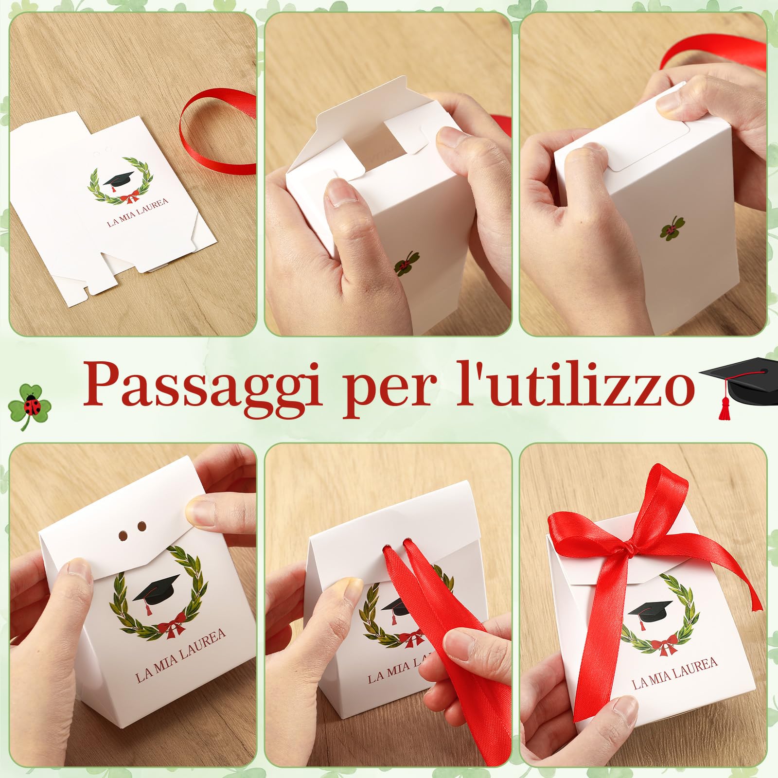 BBTO 50 Set Bomboniere Laurea per Festa con Scatoline Portaconfetti La Mia Laurea Portachiavi Gufo Portafortuna Bigliettini Nastro Rosso per Ospiti Cerimonia Festa Decorazioni Gadget Regalo
