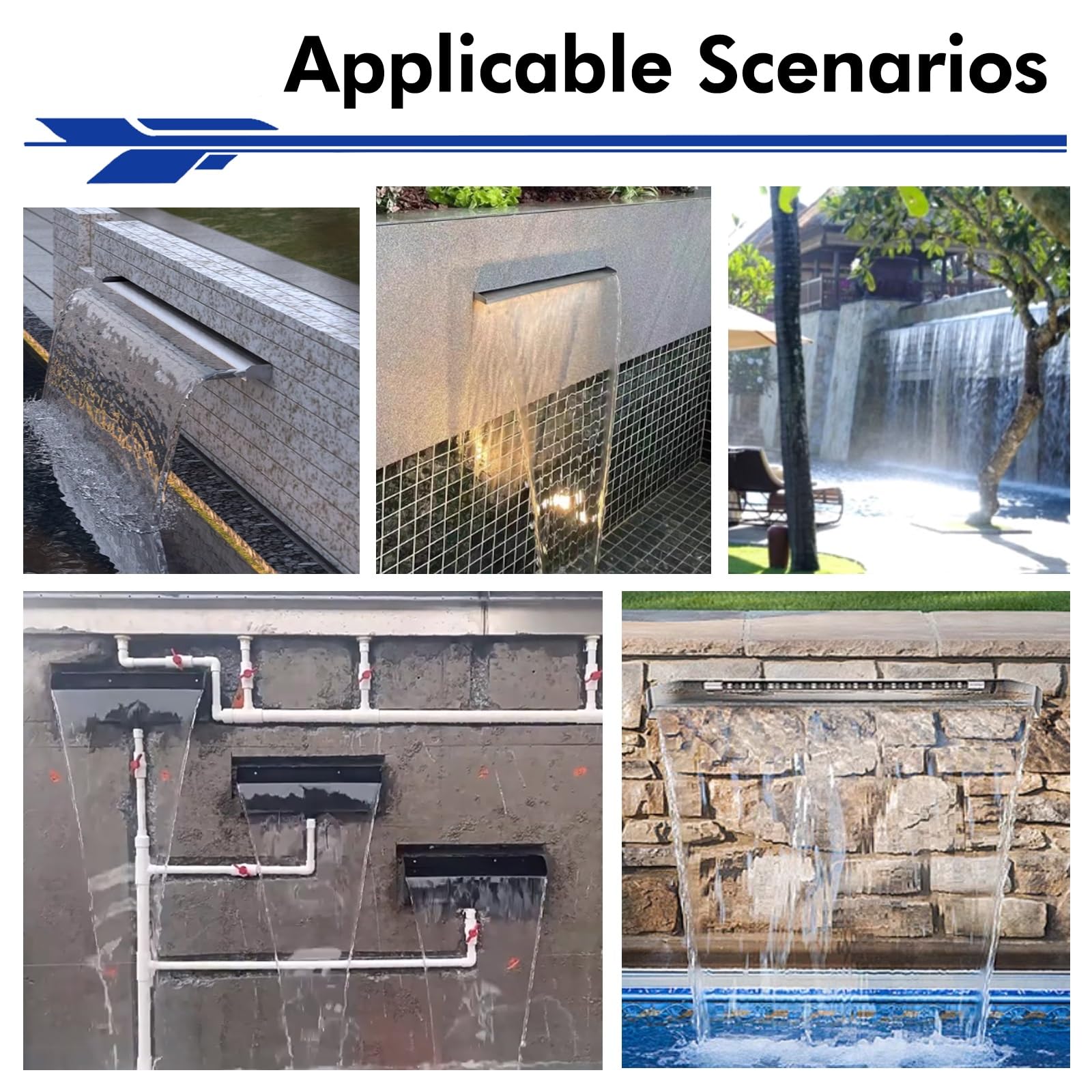 Cascata per piscina interrata in acciaio inox, con filtro, fontana da incasso, per stagni Koi e fontane all'aperto