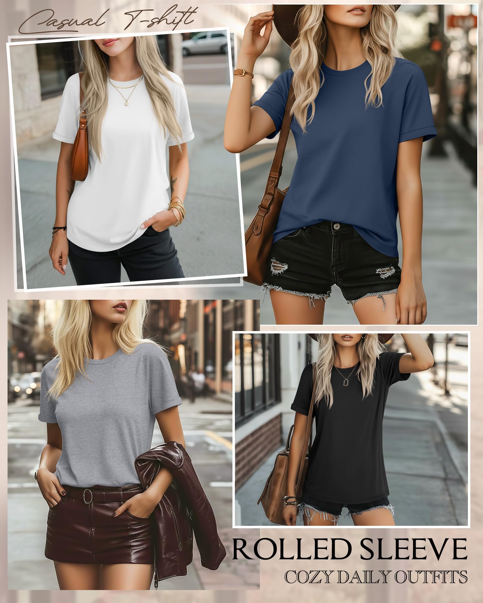 Ficerd Confezione da 4 T-Shirt da Donna in Cotone a Maniche Corte Tinta Unita Estive vestibilità Ampia Maniche Arrotolate