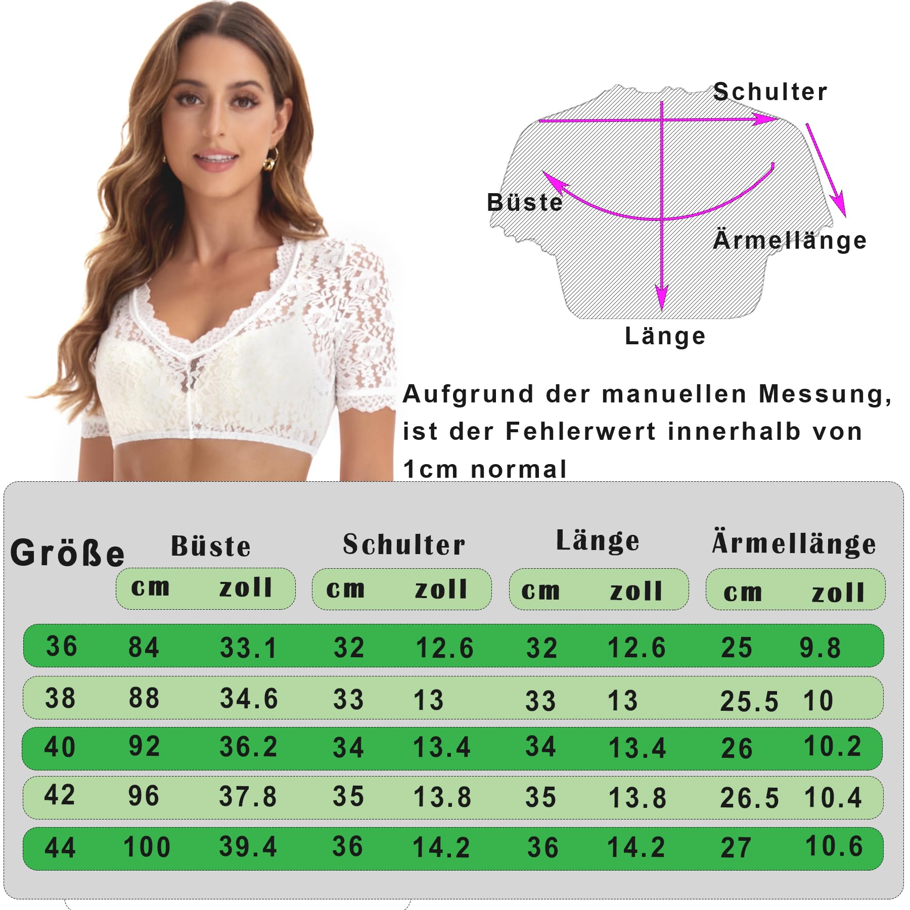 Dirndl Bluse, Camicia Dirndl Donna, Camicia Bavarese Donna,Dirndl Blouse, Scollatura a V, Bianco