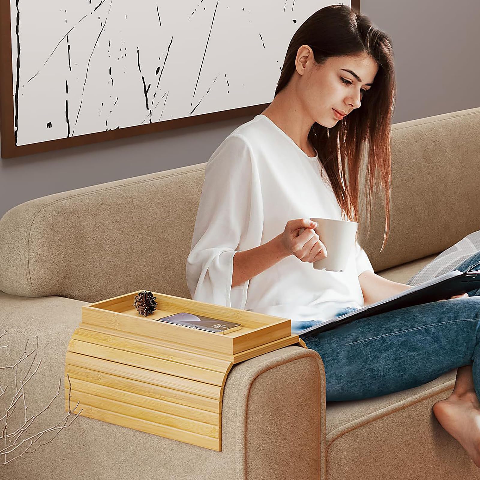 Table Accoudoir Canapé En Bambou, Plateau De Canapé Accoudoir En Bambou, Flexible Et Pliable, Table D'Appoint Antidérapante Pour Canapé, Plateau