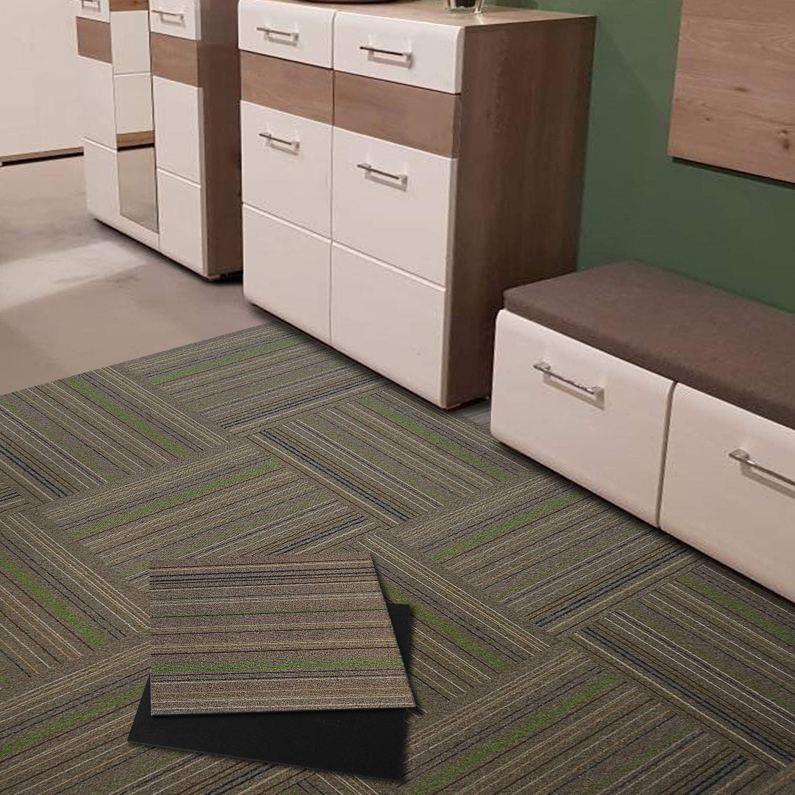 casa pura Dalles Moquette Aiguilletée - Moquette 50x50 cm | Dalle Moquette a Rayure | Moquette Intérieure Bureau & Maison | Beige/Vert (12 Pièces - 3m²)