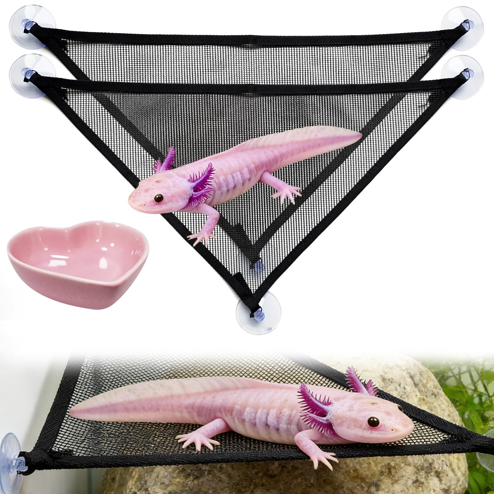 Axolotl Hamac pour aquarium avec gamelle, accessoires de réservoir Axolotl – Hamac en maille respirante pour reptiles avec plateau d'alimentation pour dragons barbu, geckos, lézards, serpents